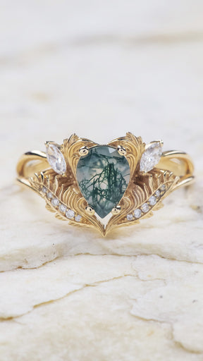 READY TO SHIP: Adonis ring in 14K or 18K yellow gold, pear cut moss agate, accent lab grown diamonds, RING SIZES: 6 - 9.5 US - Eden Garden Jewelry™