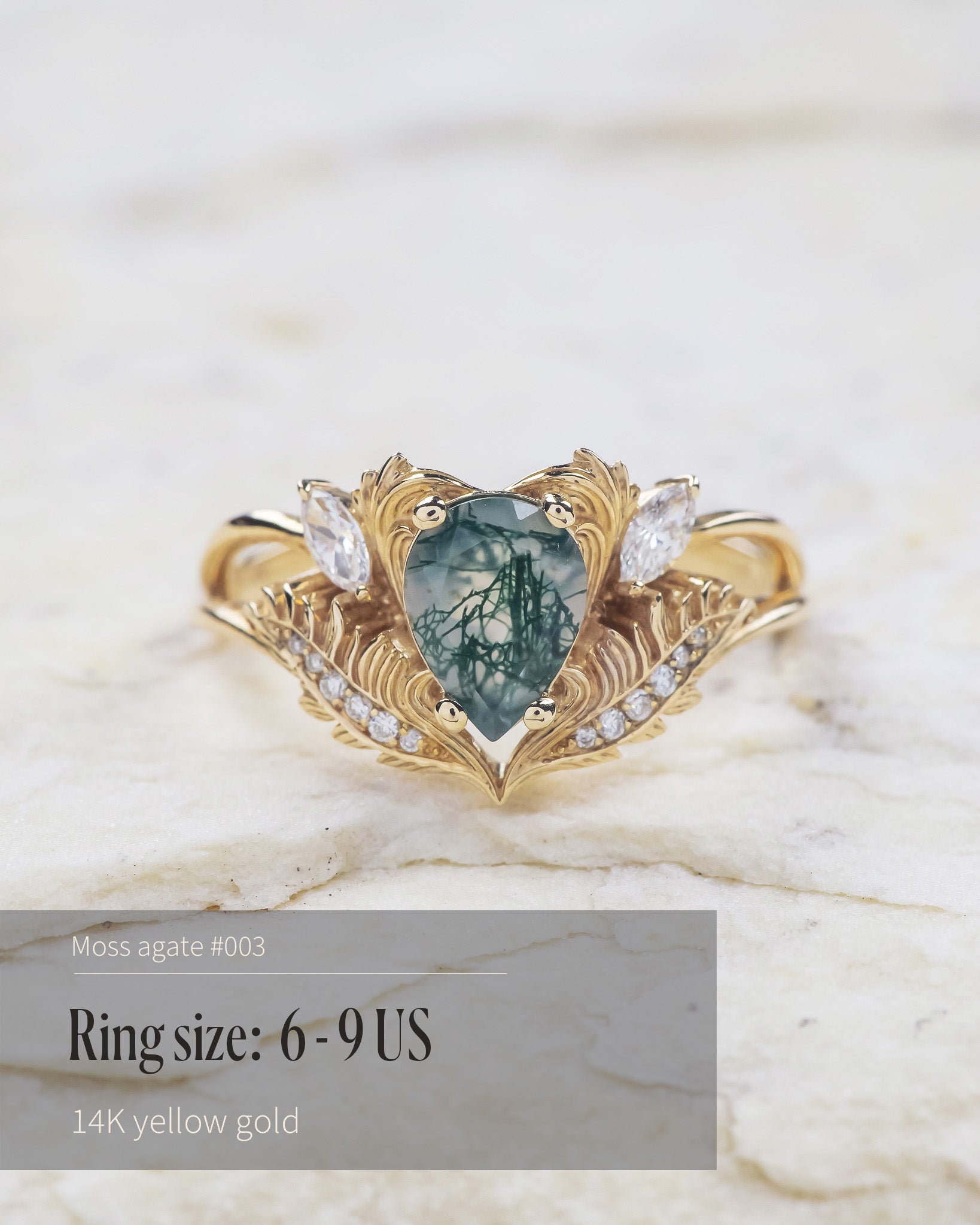 READY TO SHIP: Adonis ring in 14K or 18K yellow gold, pear cut moss agate, accent lab grown diamonds, RING SIZES: 6 - 9.5 US - Eden Garden Jewelry™