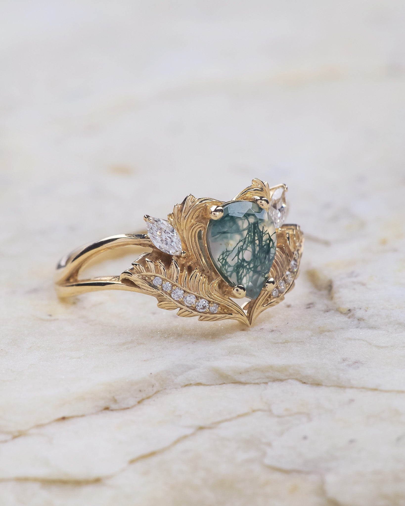 Natural moss agate engagement ring, gold fantasy ring with diamonds / Adonis - Eden Garden Jewelry™