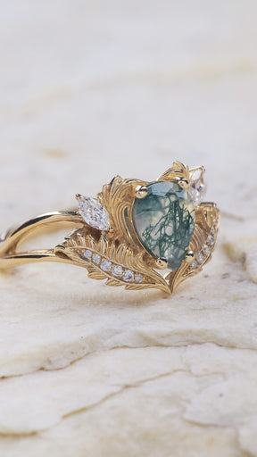 Natural moss agate engagement ring, gold fantasy ring with diamonds / Adonis - Eden Garden Jewelry™