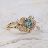 READY TO SHIP: Adonis ring in 14K or 18K yellow gold, pear cut moss agate, accent lab grown diamonds, RING SIZES: 6 - 9.5 US