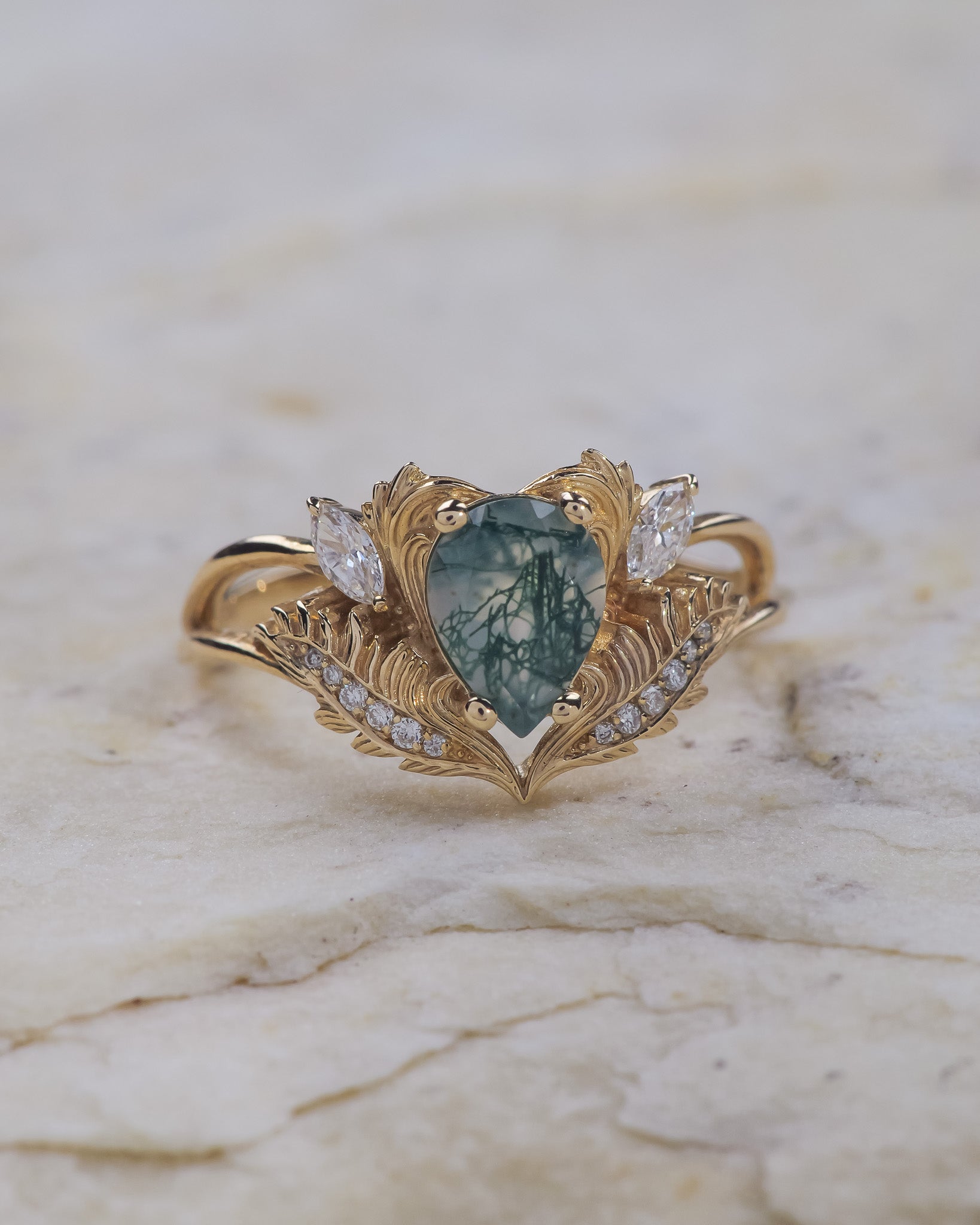 One-of-a-kind moss agate engagement ring, elvish ring with diamonds / Adonis