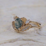 READY TO SHIP: Adonis ring in 14K or 18K yellow gold, pear cut moss agate, accent lab grown diamonds, RING SIZES: 6 - 9.5 US