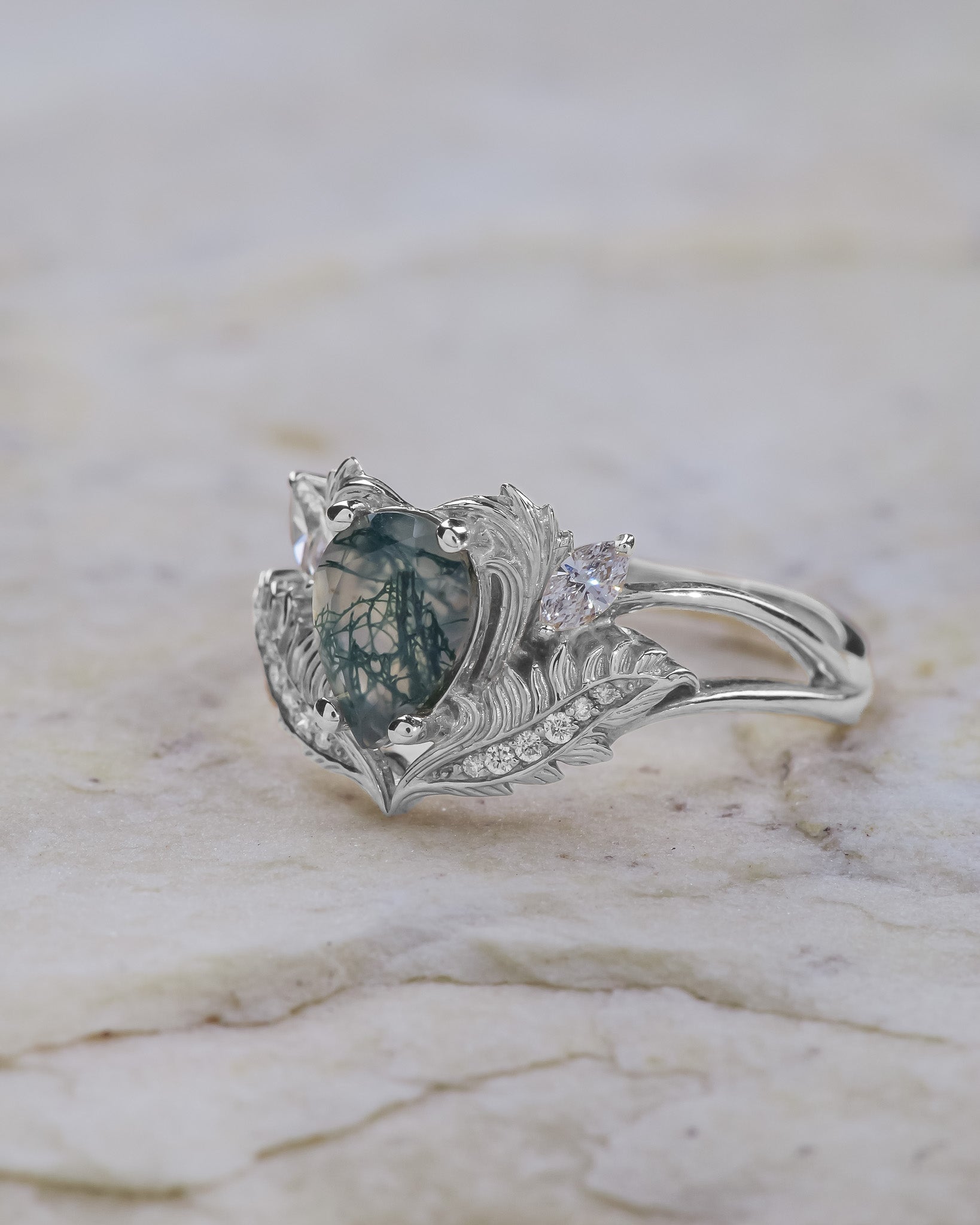 One-of-a-kind moss agate engagement ring, elvish ring with diamonds / Adonis - Eden Garden Jewelry™