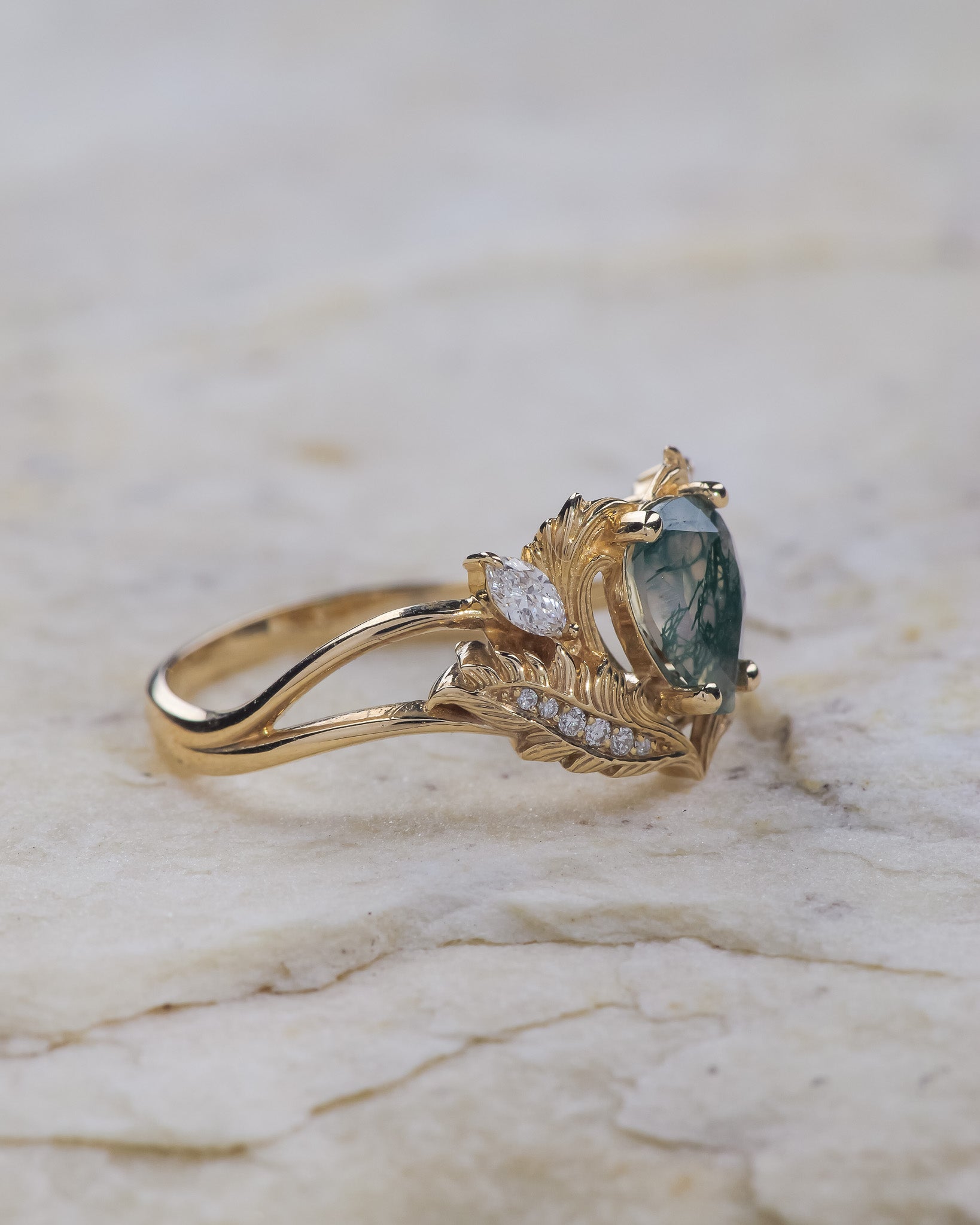 Natural moss agate engagement ring, gold fantasy ring with diamonds / Adonis - Eden Garden Jewelry™