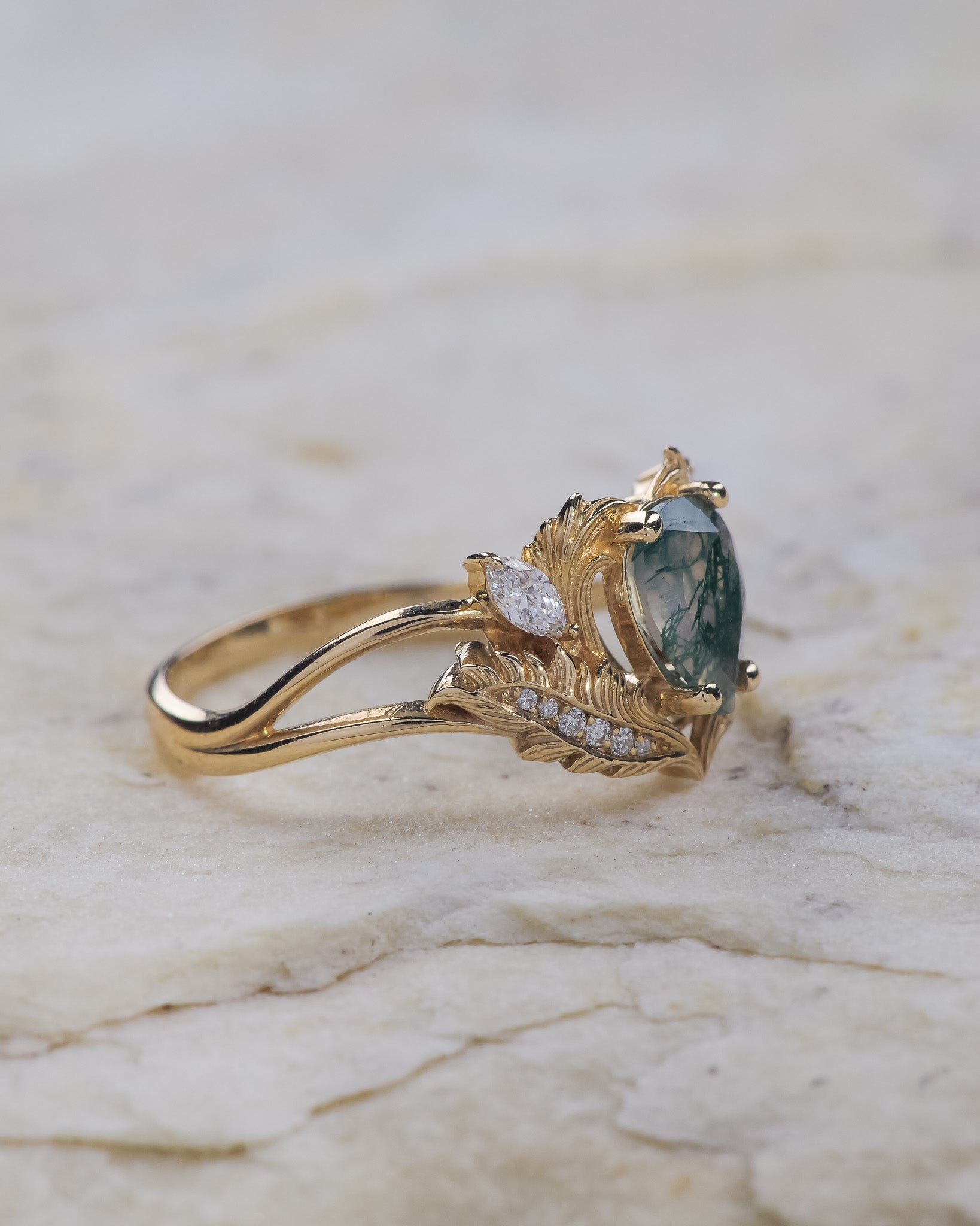 One-of-a-kind moss agate engagement ring, elvish ring with diamonds / Adonis