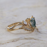 READY TO SHIP: Adonis ring in 14K or 18K yellow gold, pear cut moss agate, accent lab grown diamonds, RING SIZES: 6 - 9.5 US