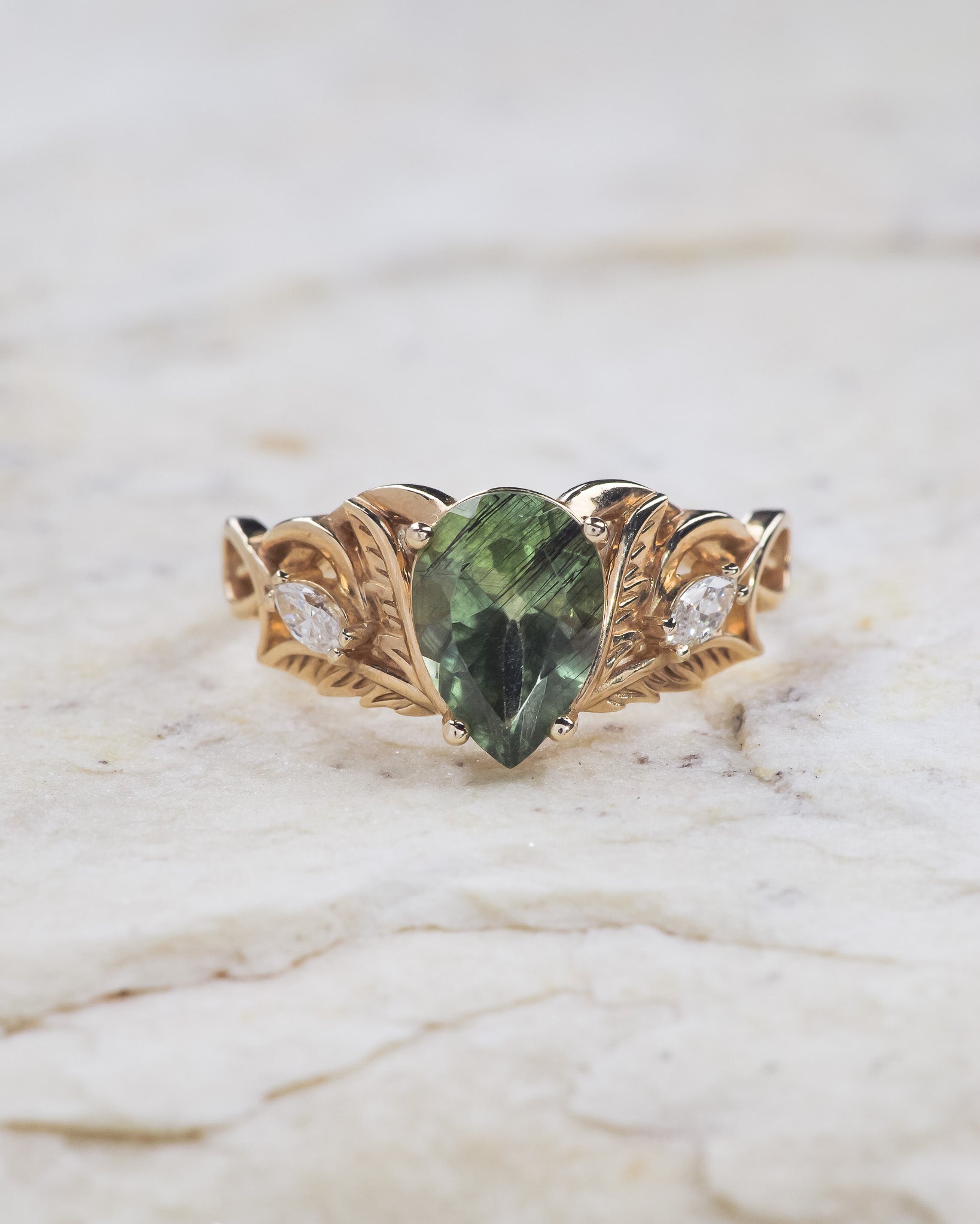 READY TO SHIP: Ikar bridal set in 14K yellow gold, rutile peridot pear cut 10x7 mm, accent lab grown diamonds, AVAILABLE RING SIZES: 5.5 - 8.5 US - Eden Garden Jewelry™
