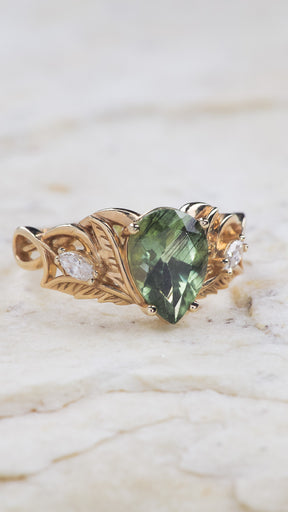 Rutilated peridot engagement ring with diamonds / Ikar - Eden Garden Jewelry™