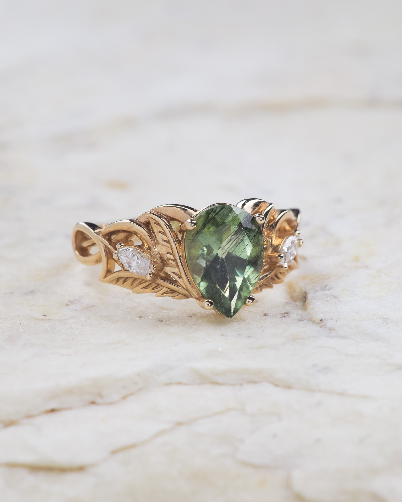 READY TO SHIP: Ikar bridal set in 14K yellow gold, rutile peridot pear cut 10x7 mm, accent lab grown diamonds, AVAILABLE RING SIZES: 5.5 - 8.5 US - Eden Garden Jewelry™