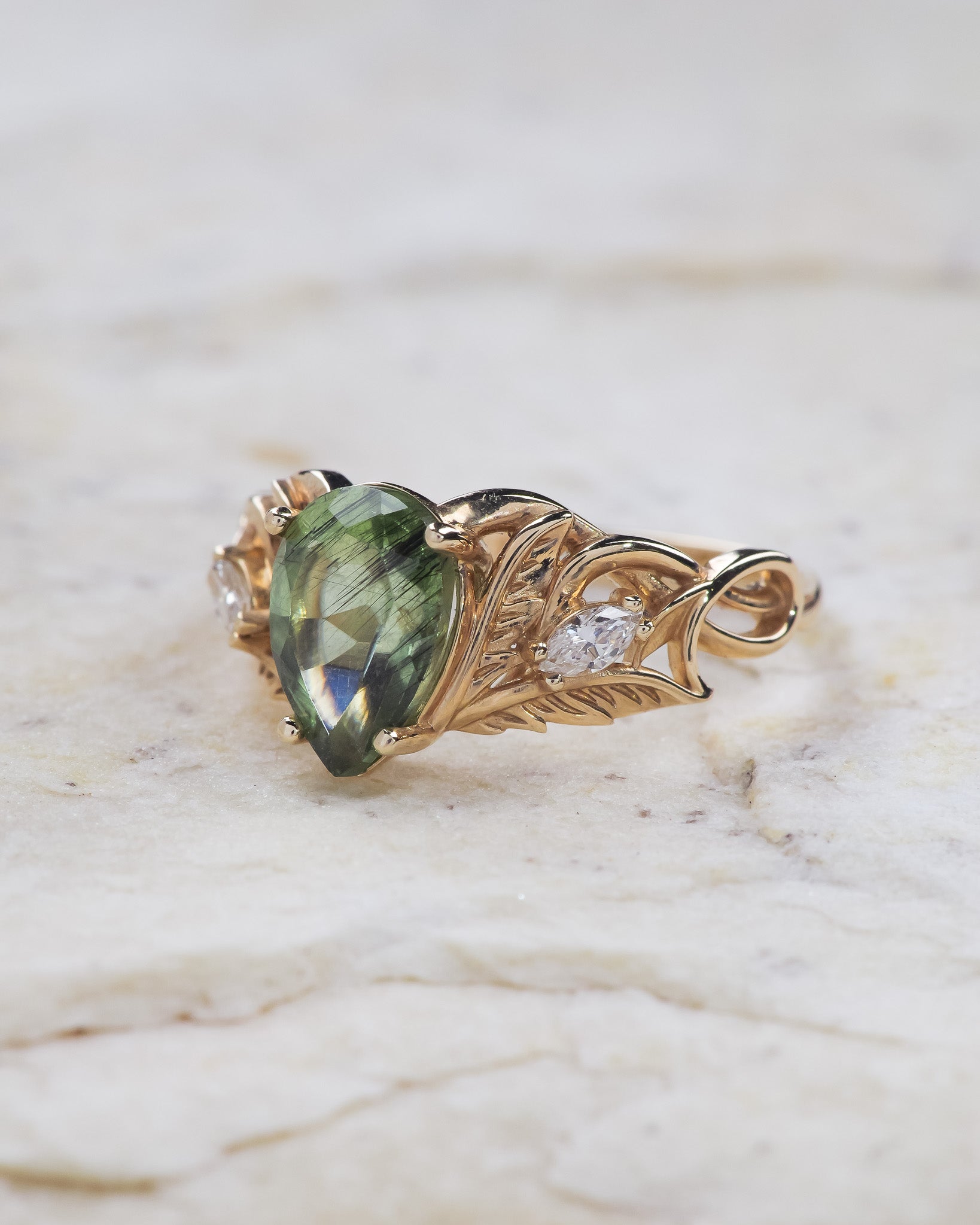 Rutilated peridot engagement ring with diamonds / Ikar - Eden Garden Jewelry™
