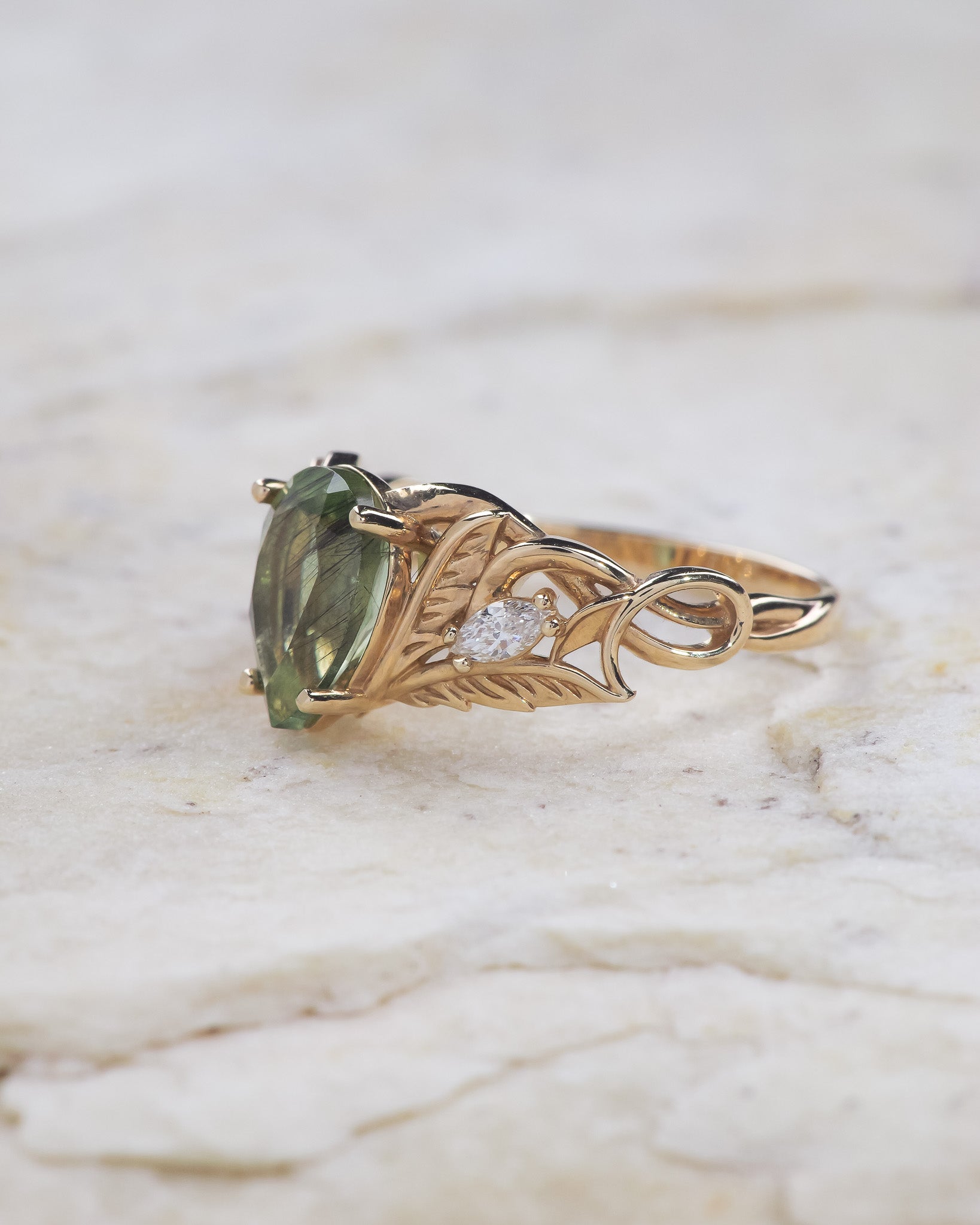 Rutilated peridot engagement ring with diamonds / Ikar - Eden Garden Jewelry™