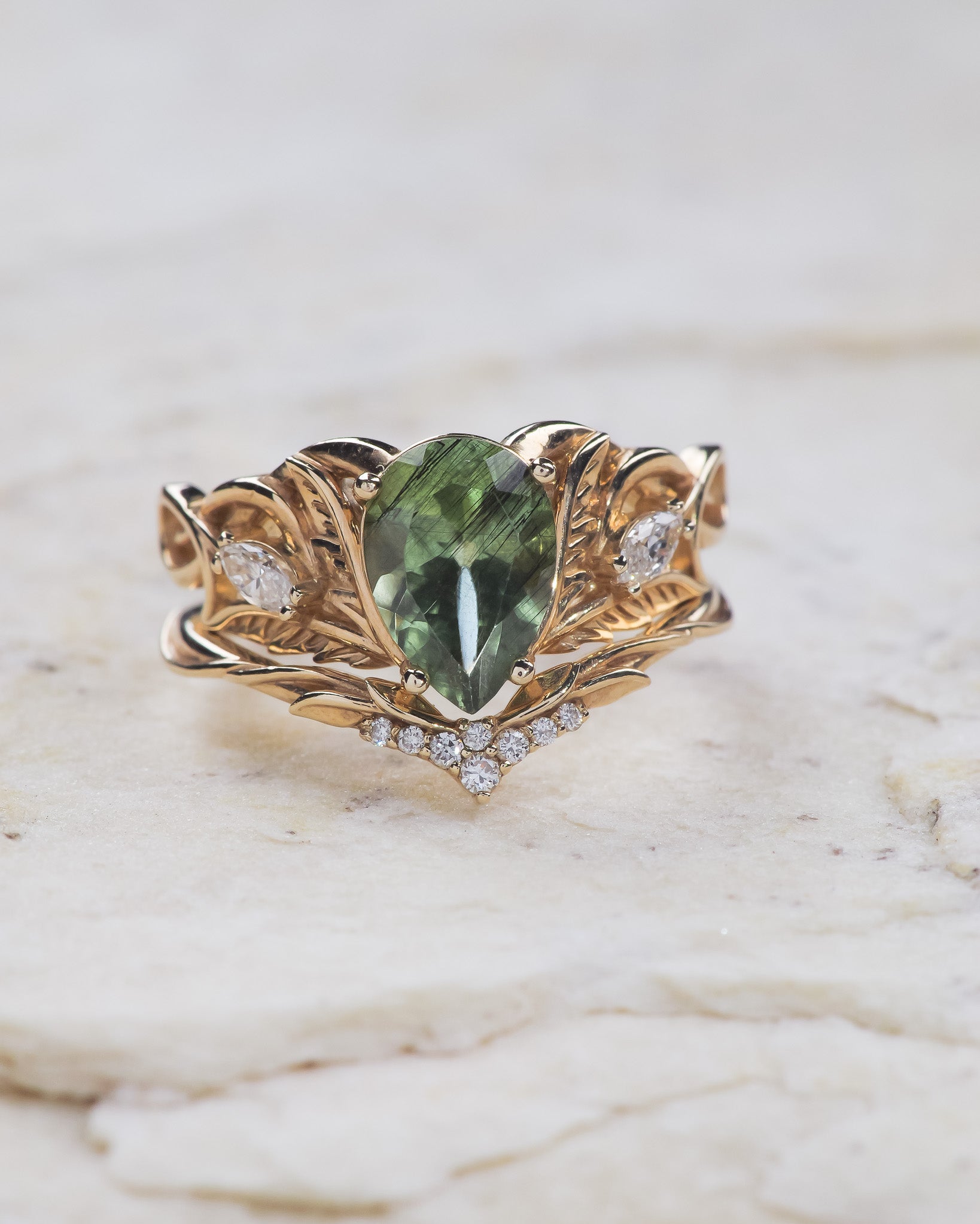 READY TO SHIP: Ikar bridal set in 14K yellow gold, rutile peridot pear cut 10x7 mm, accent lab grown diamonds, AVAILABLE RING SIZES: 5.5 - 8.5 US - Eden Garden Jewelry™