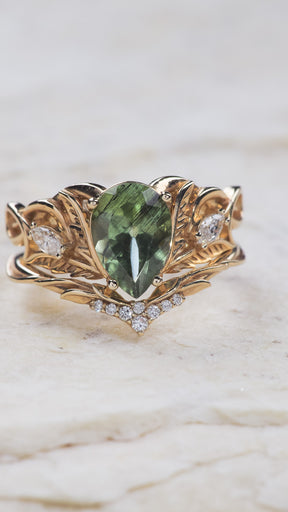 READY TO SHIP: Ikar bridal set in 14K yellow gold, rutile peridot pear cut 10x7 mm, accent lab grown diamonds, AVAILABLE RING SIZES: 5.5 - 8.5 US - Eden Garden Jewelry™