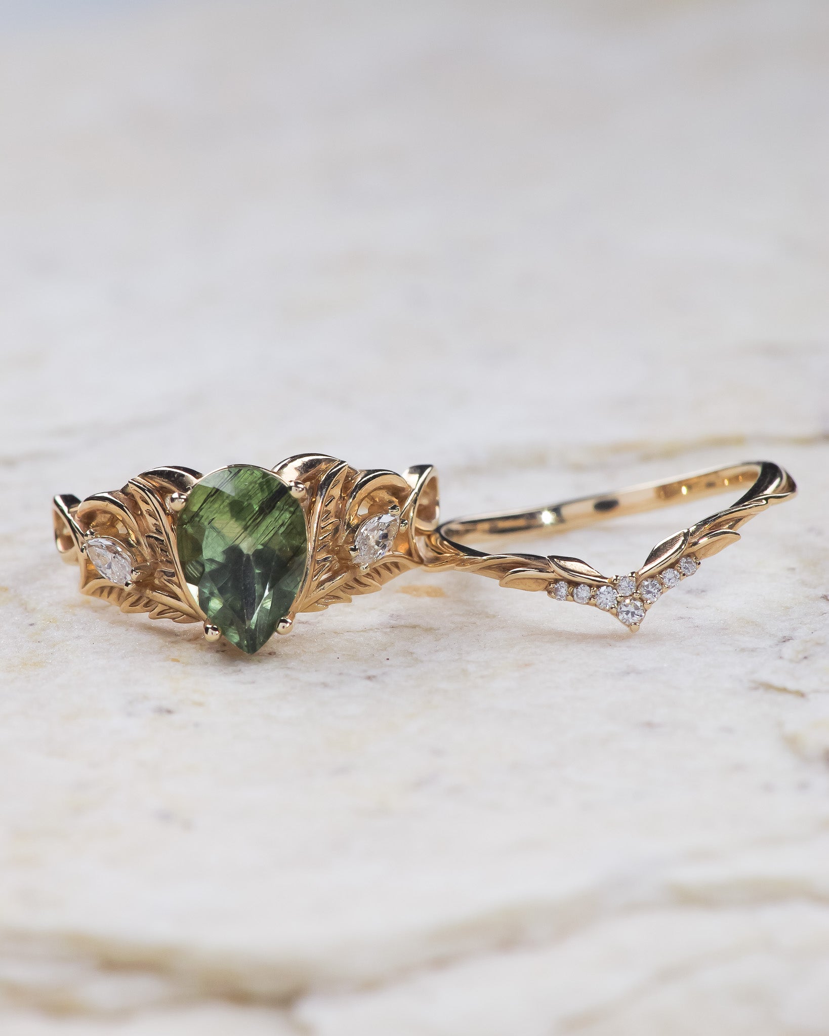Rutilated peridot engagement ring with diamonds / Ikar - Eden Garden Jewelry™