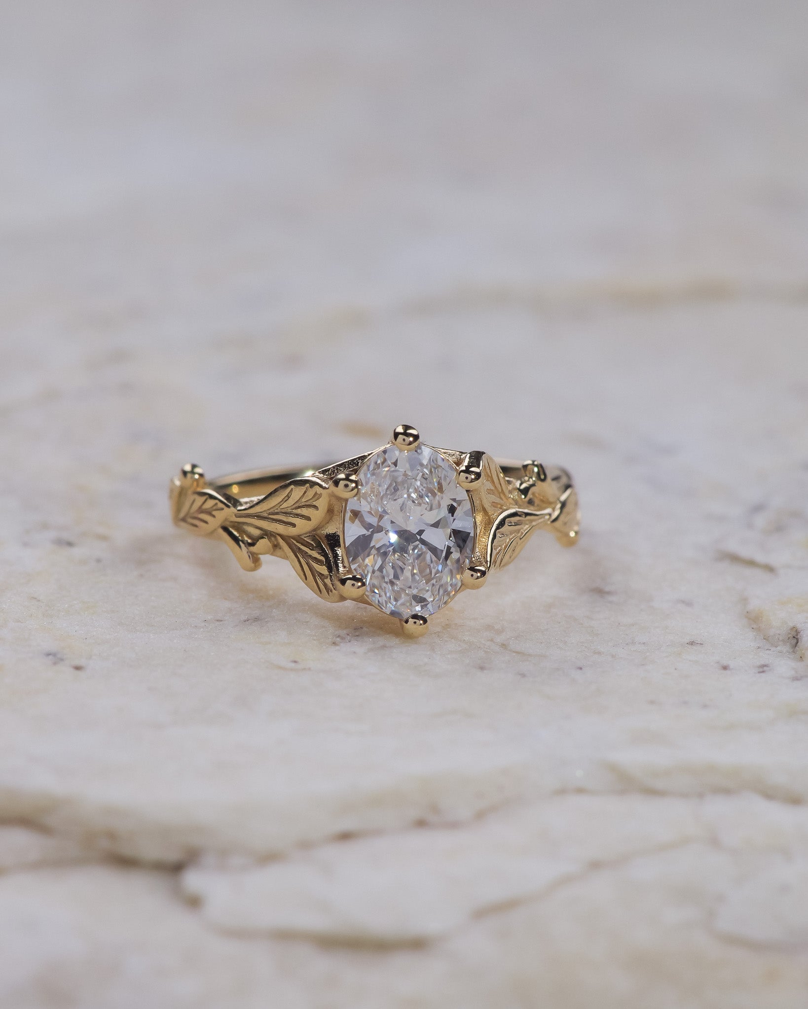 Solid gold leaves ring with lab grown diamond, nature engagement ring / Freesia - Eden Garden Jewelry™
