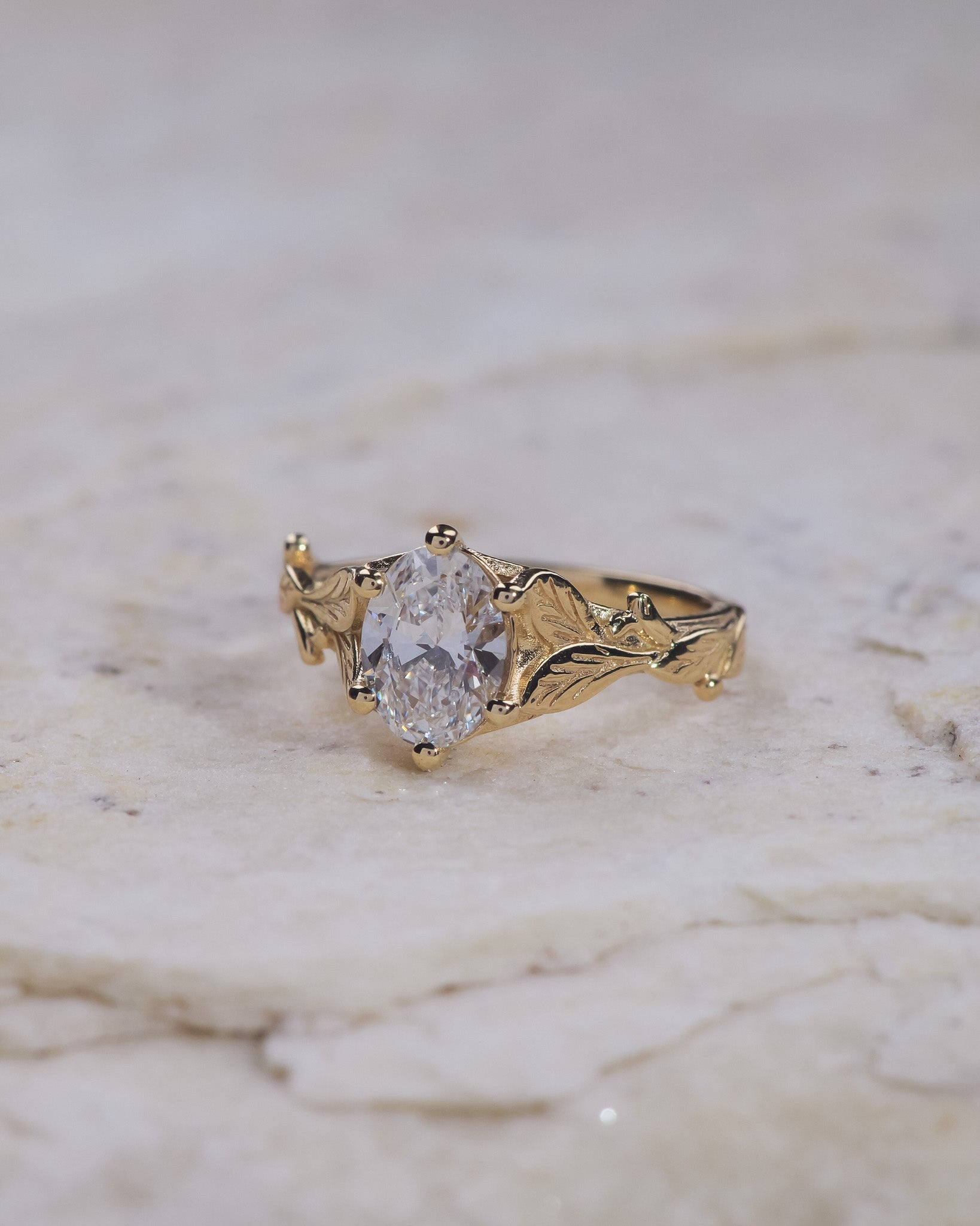 Solid gold leaves ring with lab grown diamond, nature engagement ring / Freesia - Eden Garden Jewelry™