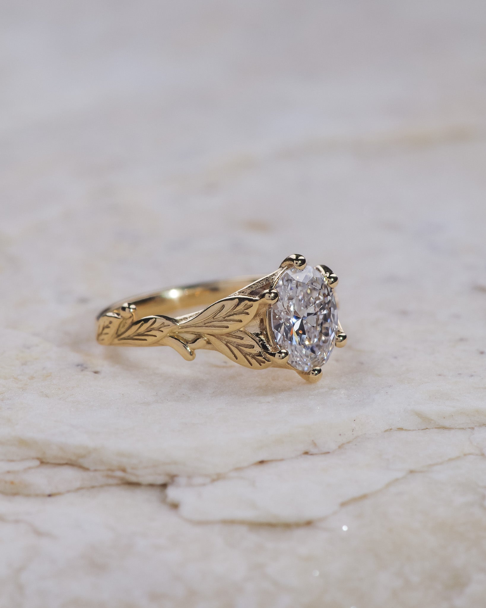 Solid gold leaves ring with lab grown diamond, nature engagement ring / Freesia - Eden Garden Jewelry™