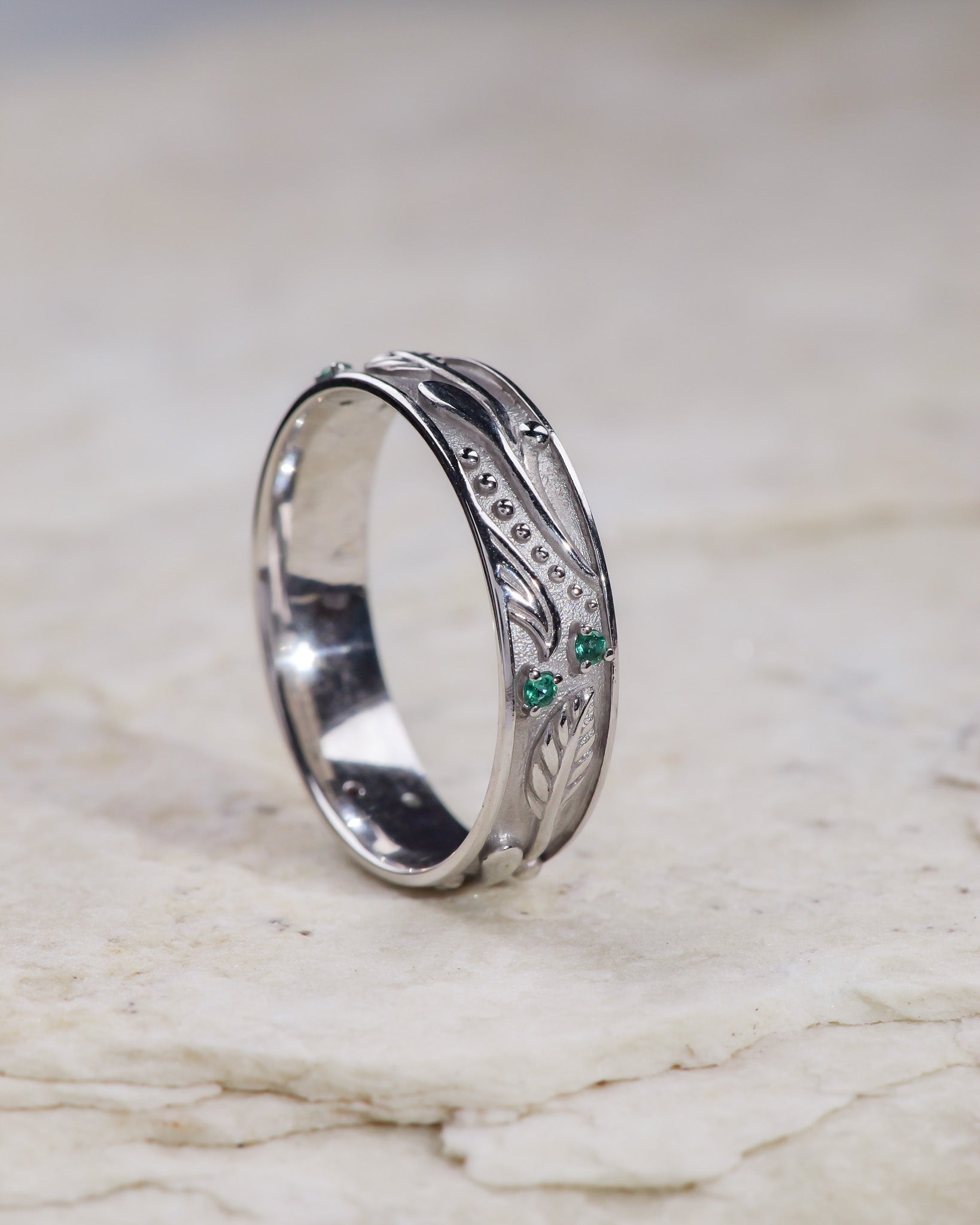 Fantasy inspired wedding band with emeralds / Callisto - Eden Garden Jewelry™