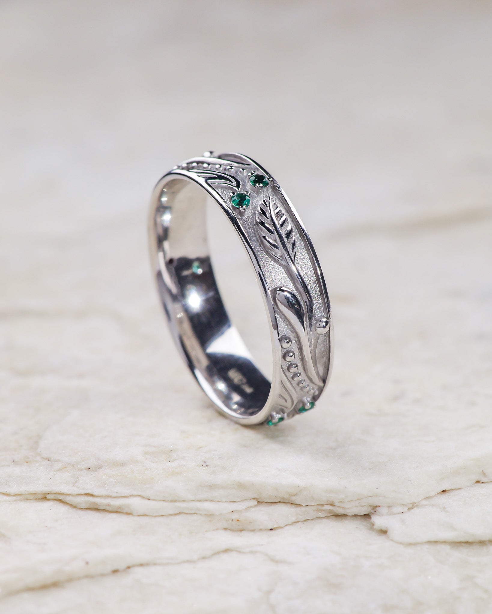 Fantasy inspired wedding band with emeralds / Callisto - Eden Garden Jewelry™