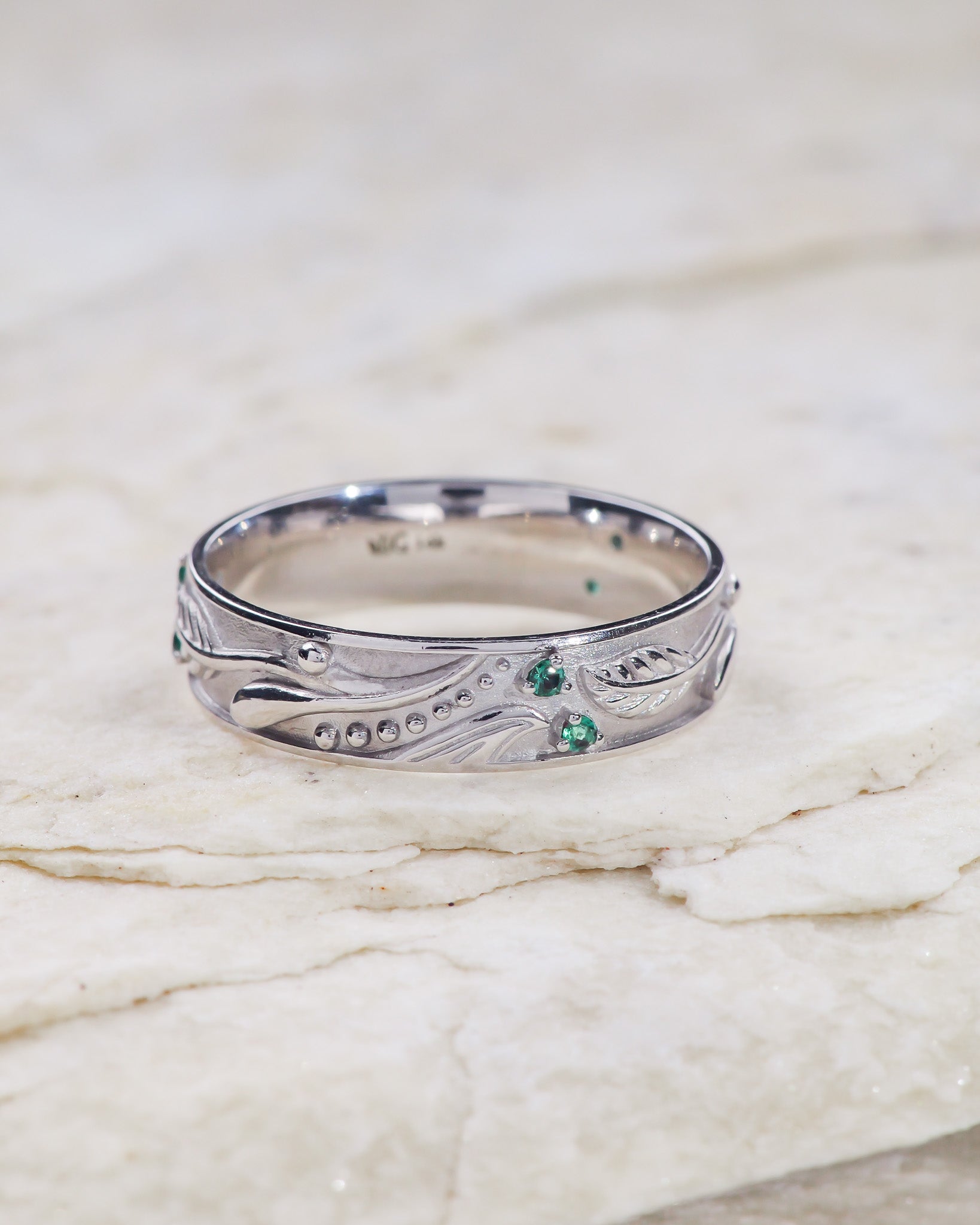 Fantasy inspired wedding band with emeralds / Callisto - Eden Garden Jewelry™