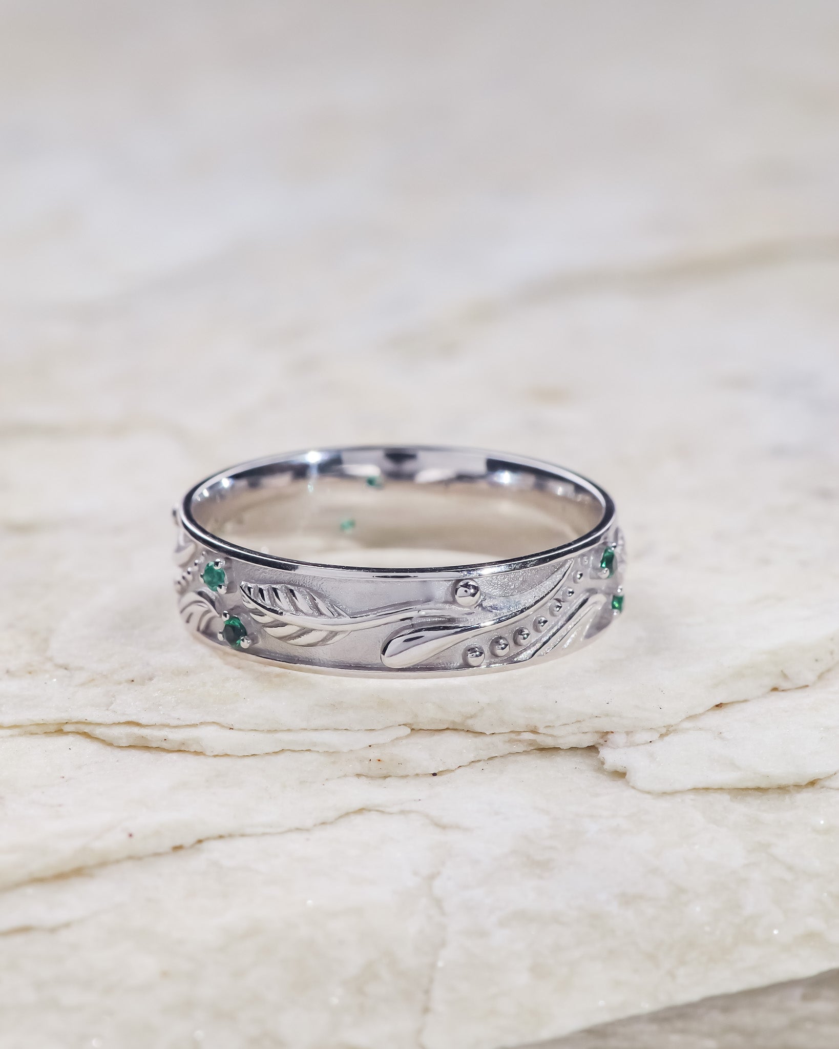 Fantasy inspired wedding band with emeralds / Callisto - Eden Garden Jewelry™