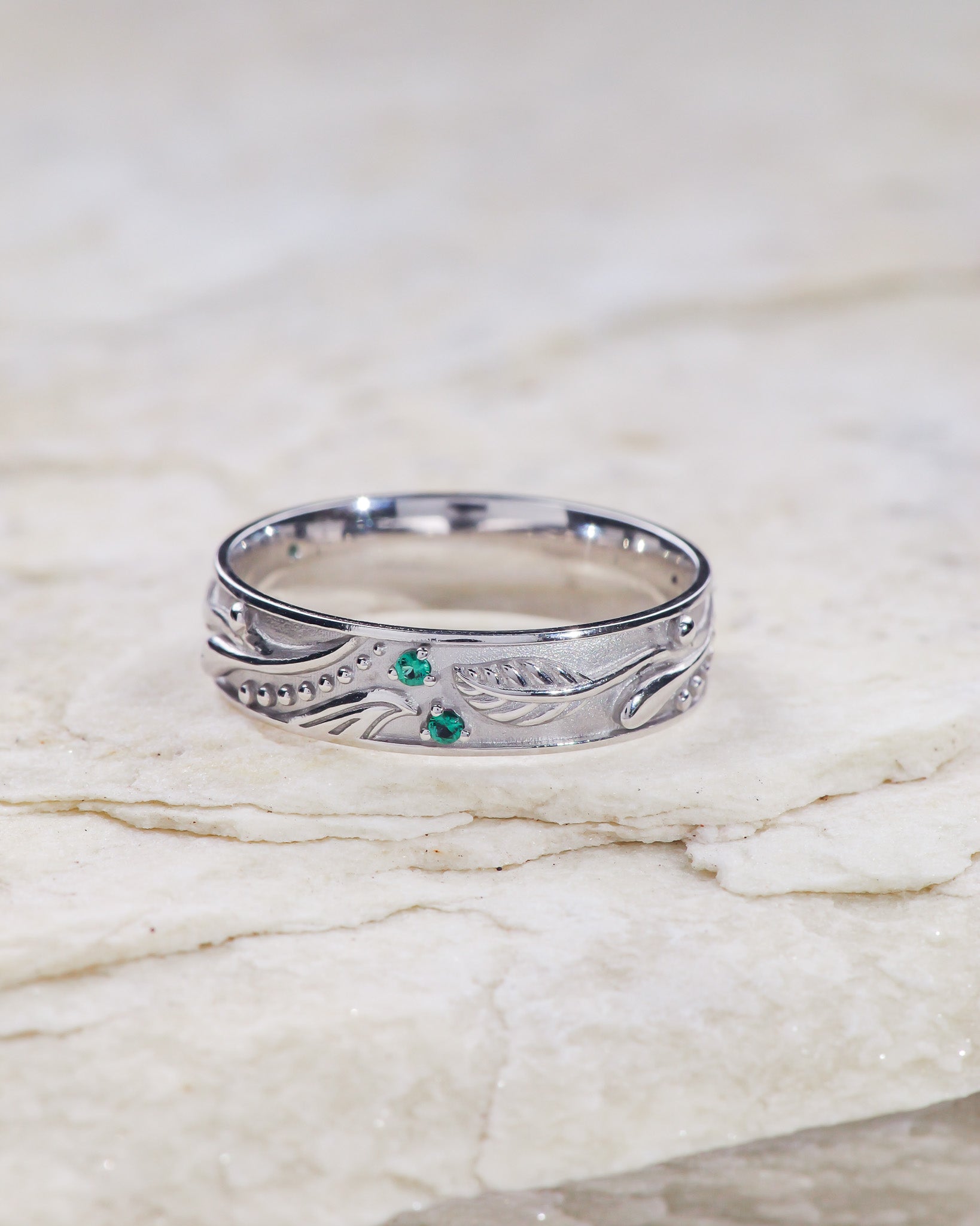 Fantasy inspired wedding band with emeralds / Callisto - Eden Garden Jewelry™