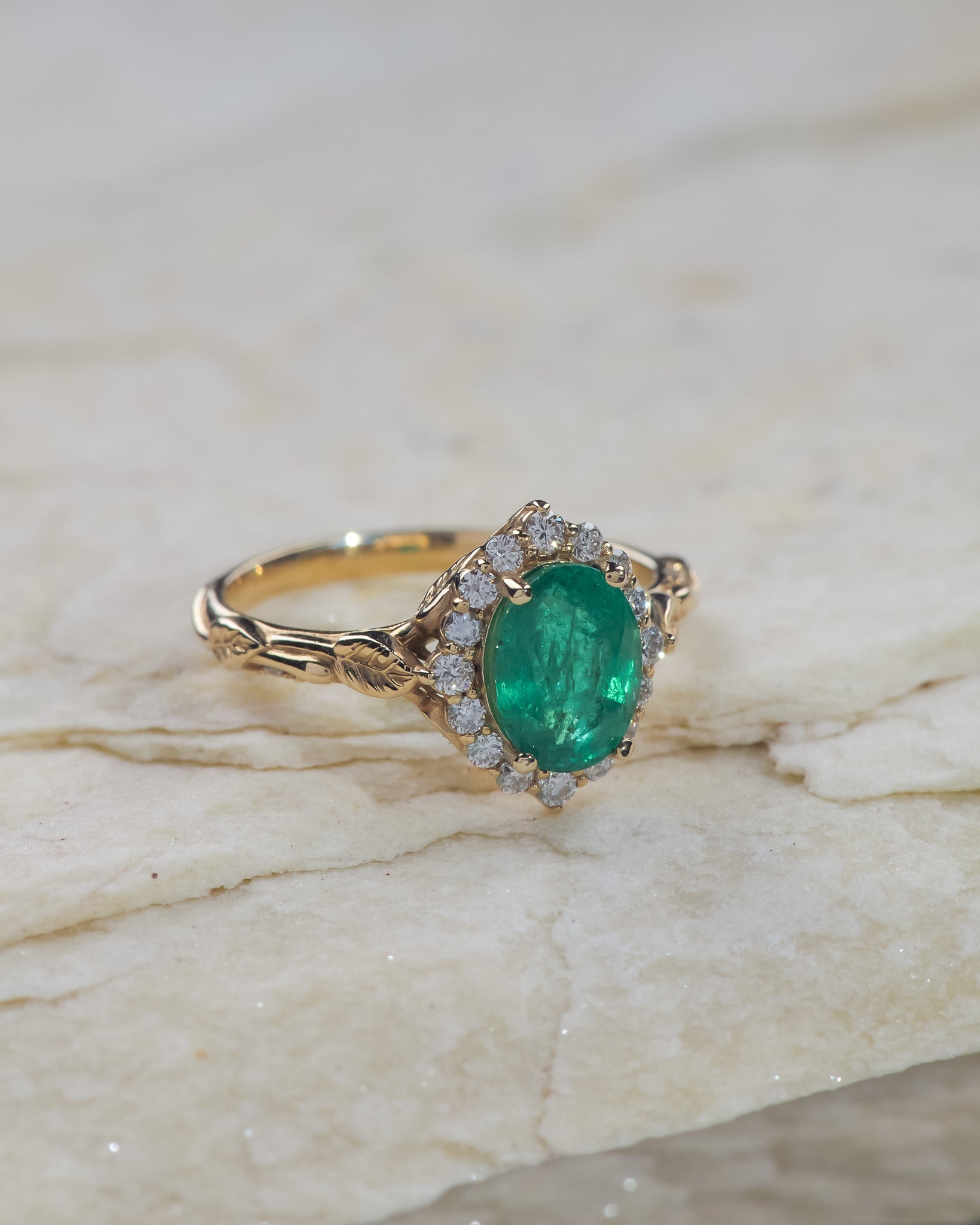 Genuine emerald engagement ring with leaf motifs and diamond halo / Florentina - Eden Garden Jewelry™
