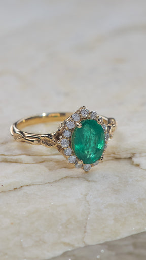 Genuine emerald engagement ring with leaf motifs and diamond halo / Florentina - Eden Garden Jewelry™