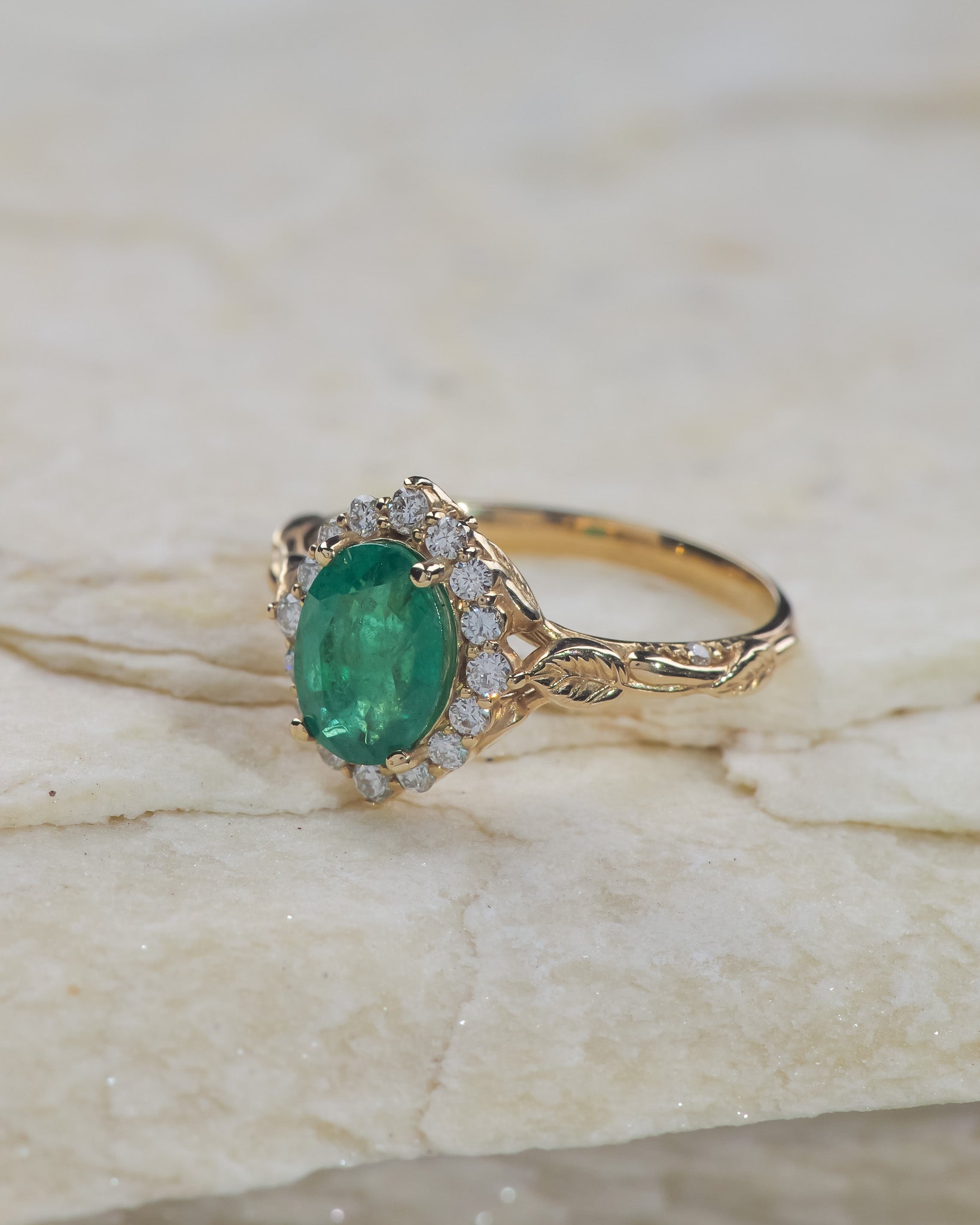 Genuine emerald engagement ring with leaf motifs and diamond halo / Florentina - Eden Garden Jewelry™