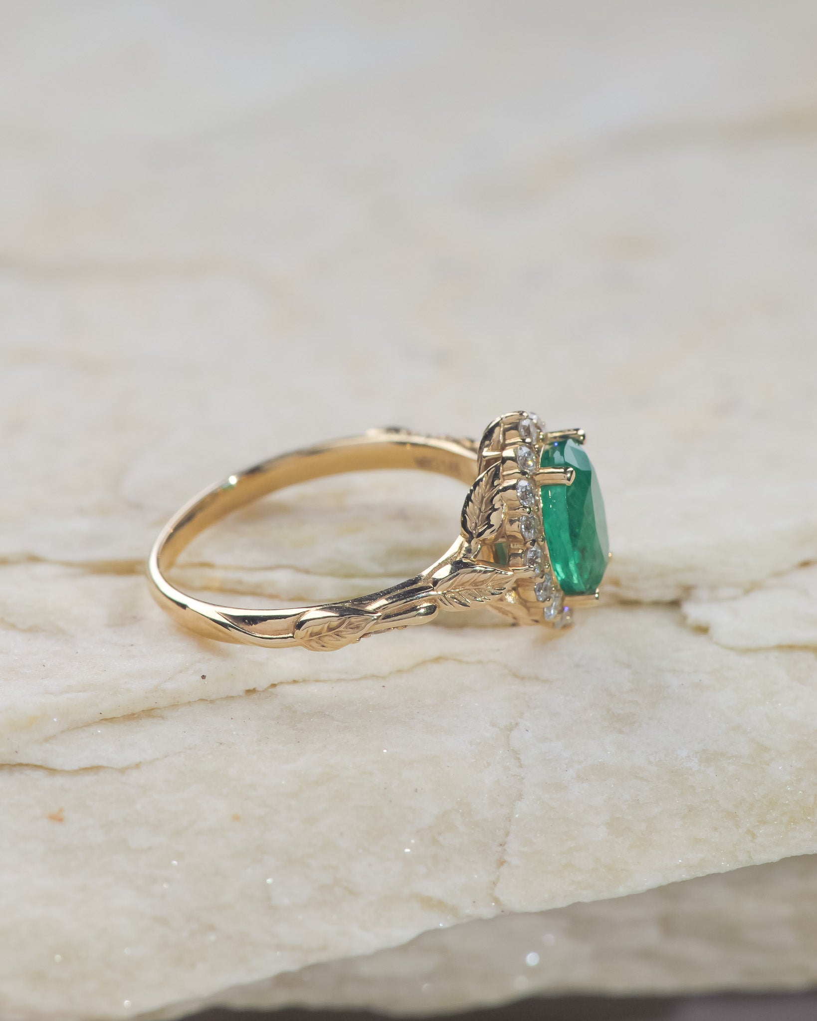 Genuine emerald engagement ring with leaf motifs and diamond halo / Florentina - Eden Garden Jewelry™