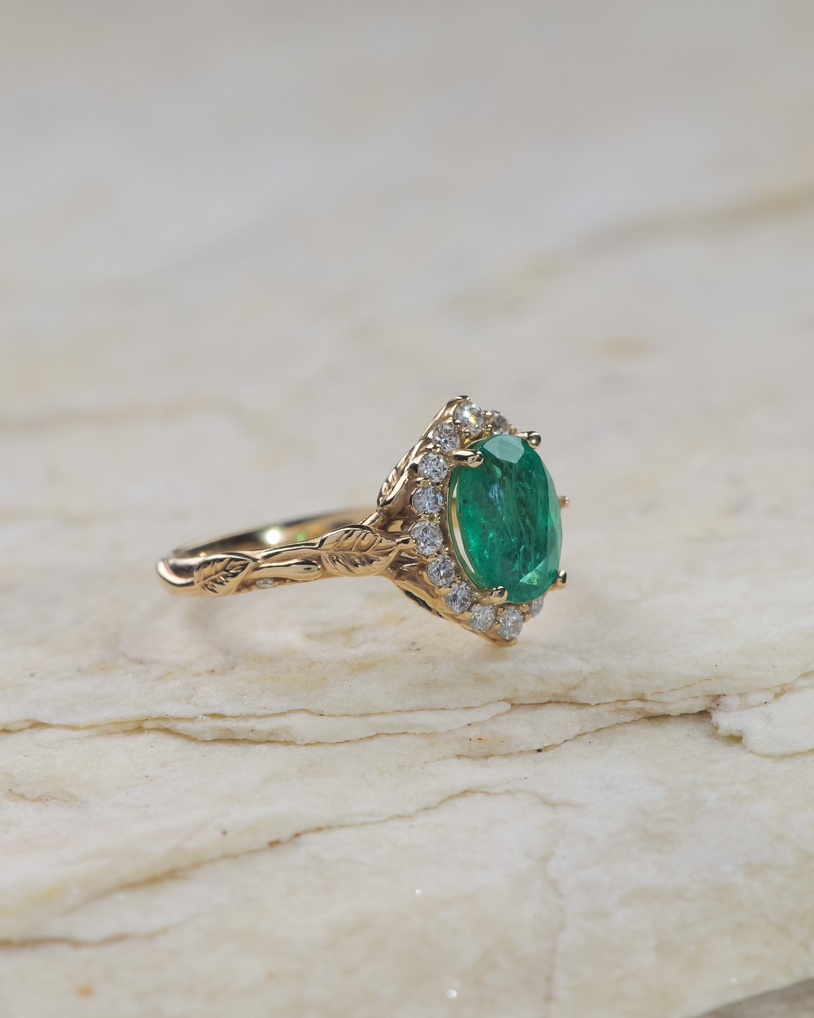 Genuine emerald engagement ring with leaf motifs and diamond halo / Florentina - Eden Garden Jewelry™