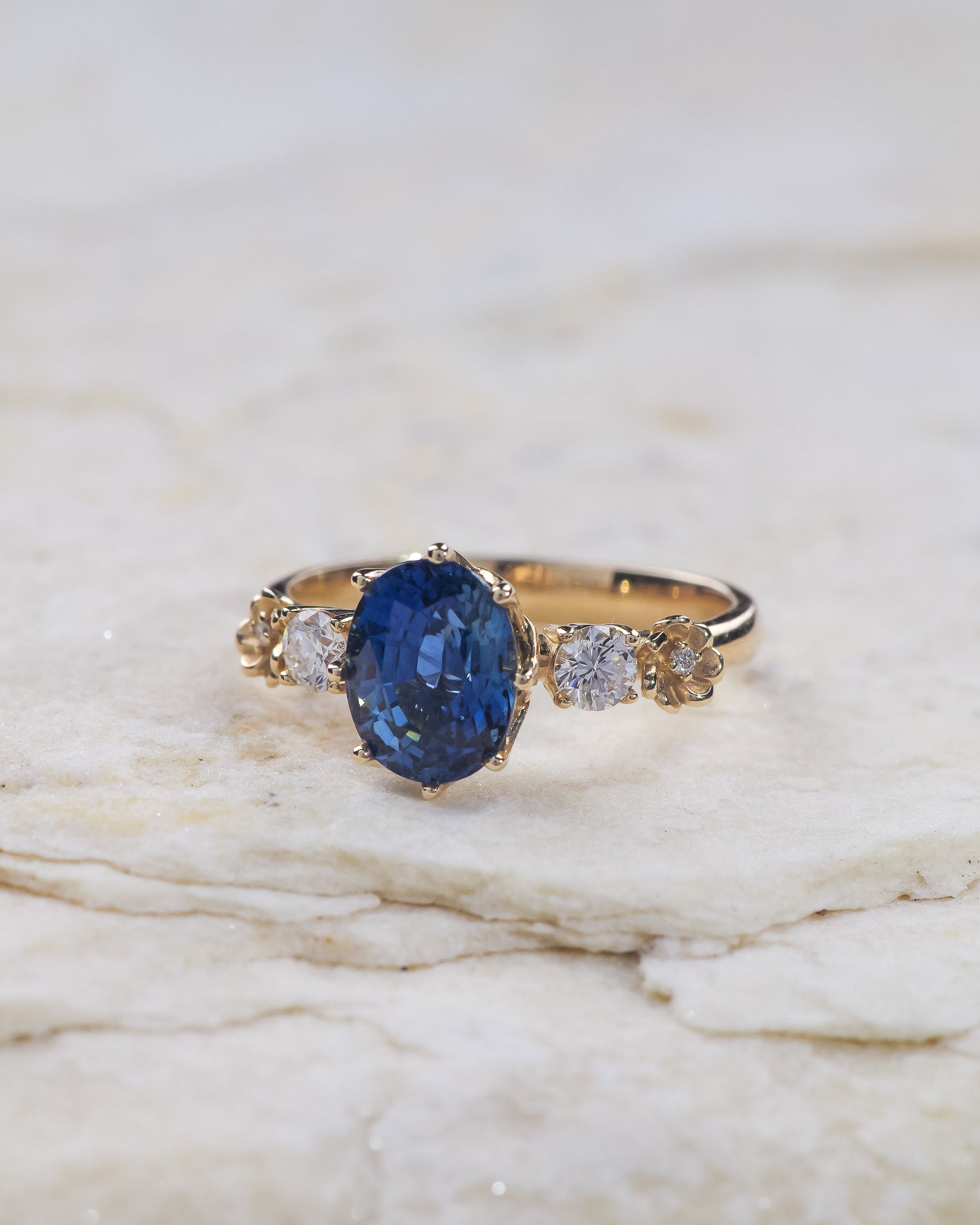 READY TO SHIP: Fiorella engagement ring in 14K yellow gold, natural blue sapphire oval cut 8x6 mm, accent lab grown diamonds, RING SIZE: 5.5 - 8.5 US - Eden Garden Jewelry™
