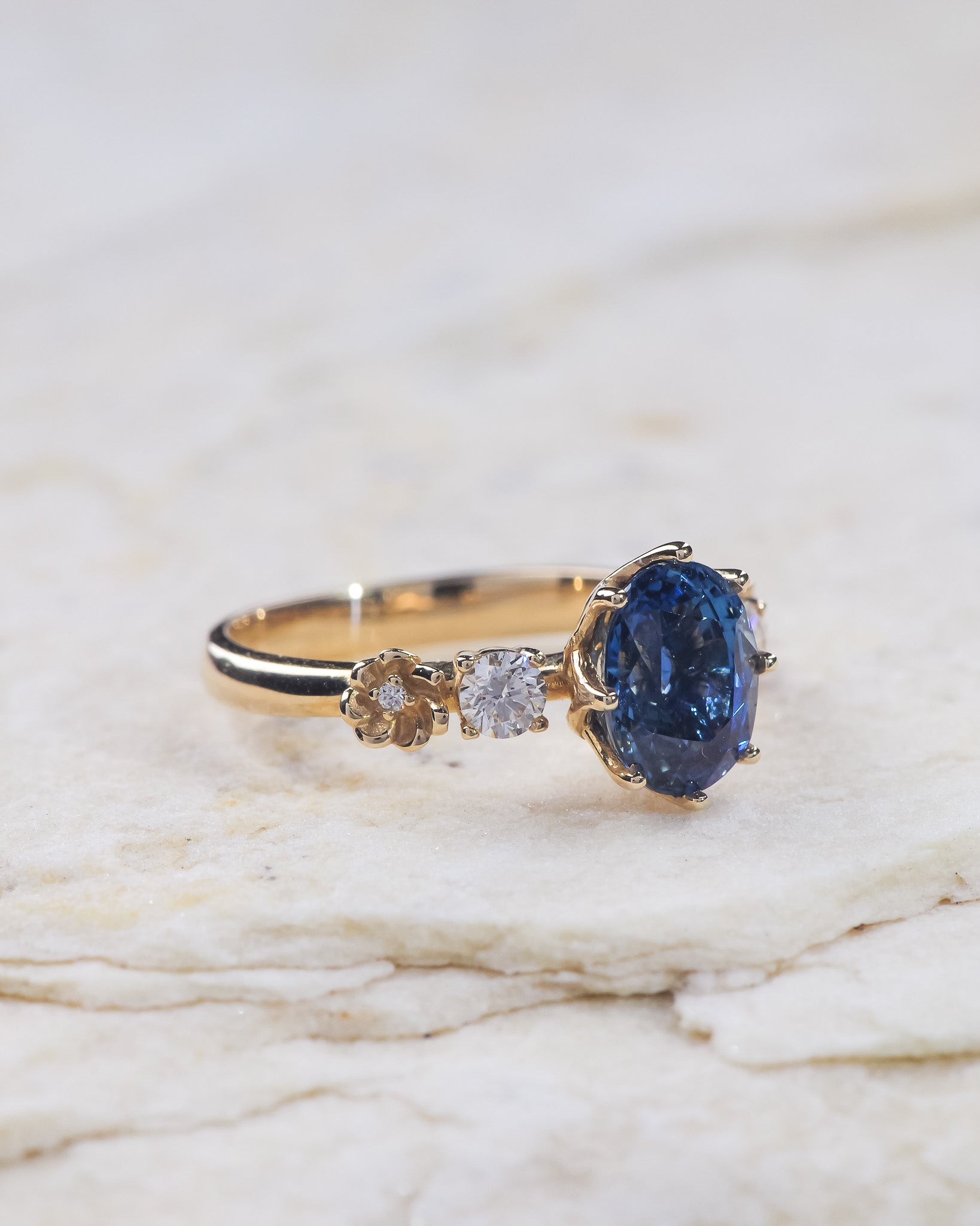 READY TO SHIP: Fiorella engagement ring in 14K yellow gold, natural blue sapphire oval cut 8x6 mm, accent lab grown diamonds, RING SIZE: 5.5 - 8.5 US - Eden Garden Jewelry™