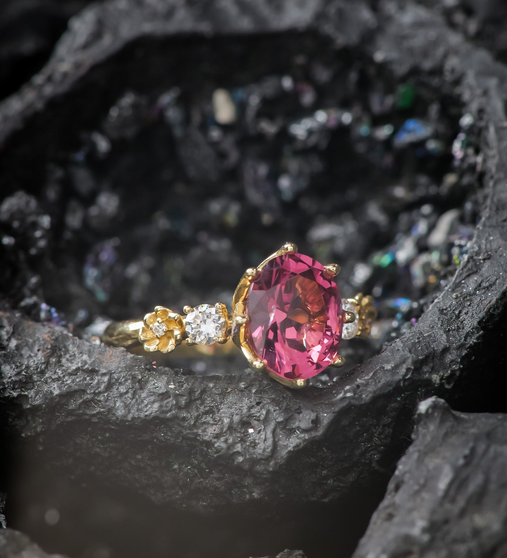 READY TO SHIP: Fiorella engagement ring in 14K yellow gold, natural pink spinel oval cut, accent lab grown diamonds, RING SIZE: 5.5 - 8.5 US - Eden Garden Jewelry™