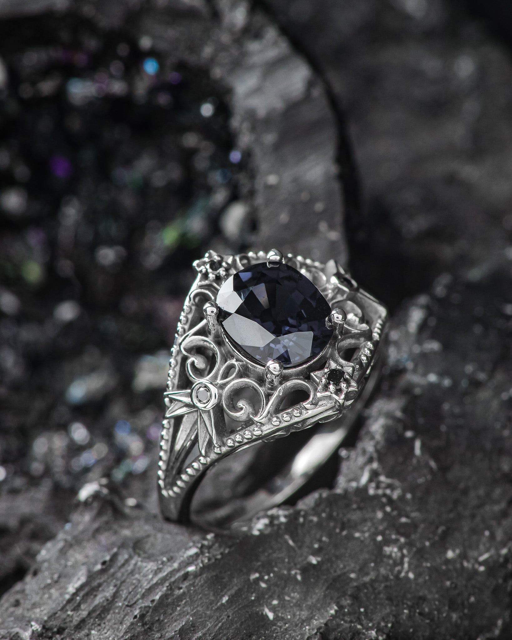 READY TO SHIP: Cosmic engagement ring with grey spinel and black diamonds / Galaxia, RING SIZE 7 US - Eden Garden Jewelry™