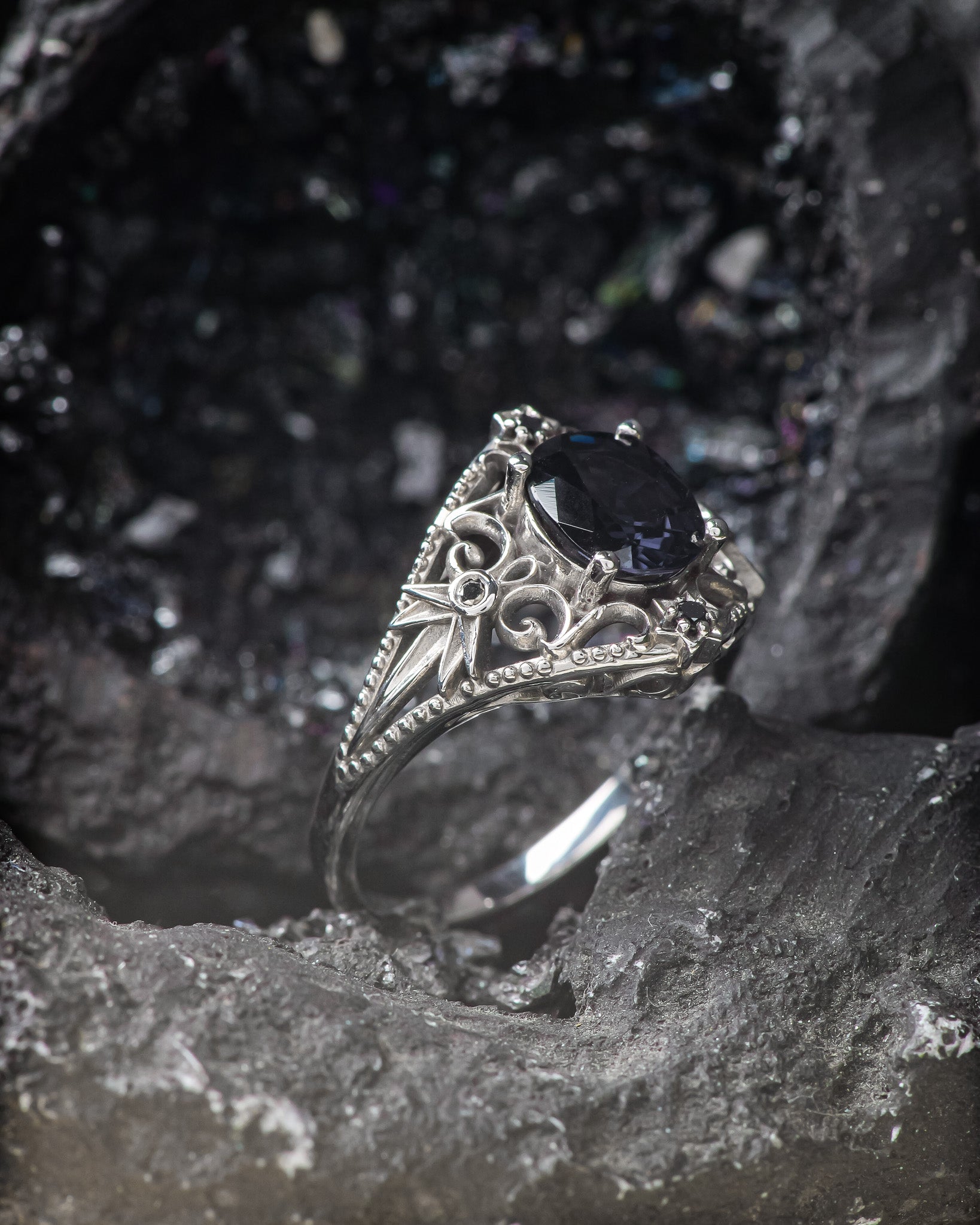 READY TO SHIP: Cosmic engagement ring with grey spinel and black diamonds / Galaxia, RING SIZE 7 US - Eden Garden Jewelry™
