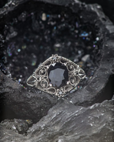 READY TO SHIP: Cosmic engagement ring with grey spinel and black diamonds / Galaxia, RING SIZE 7 US - Eden Garden Jewelry™
