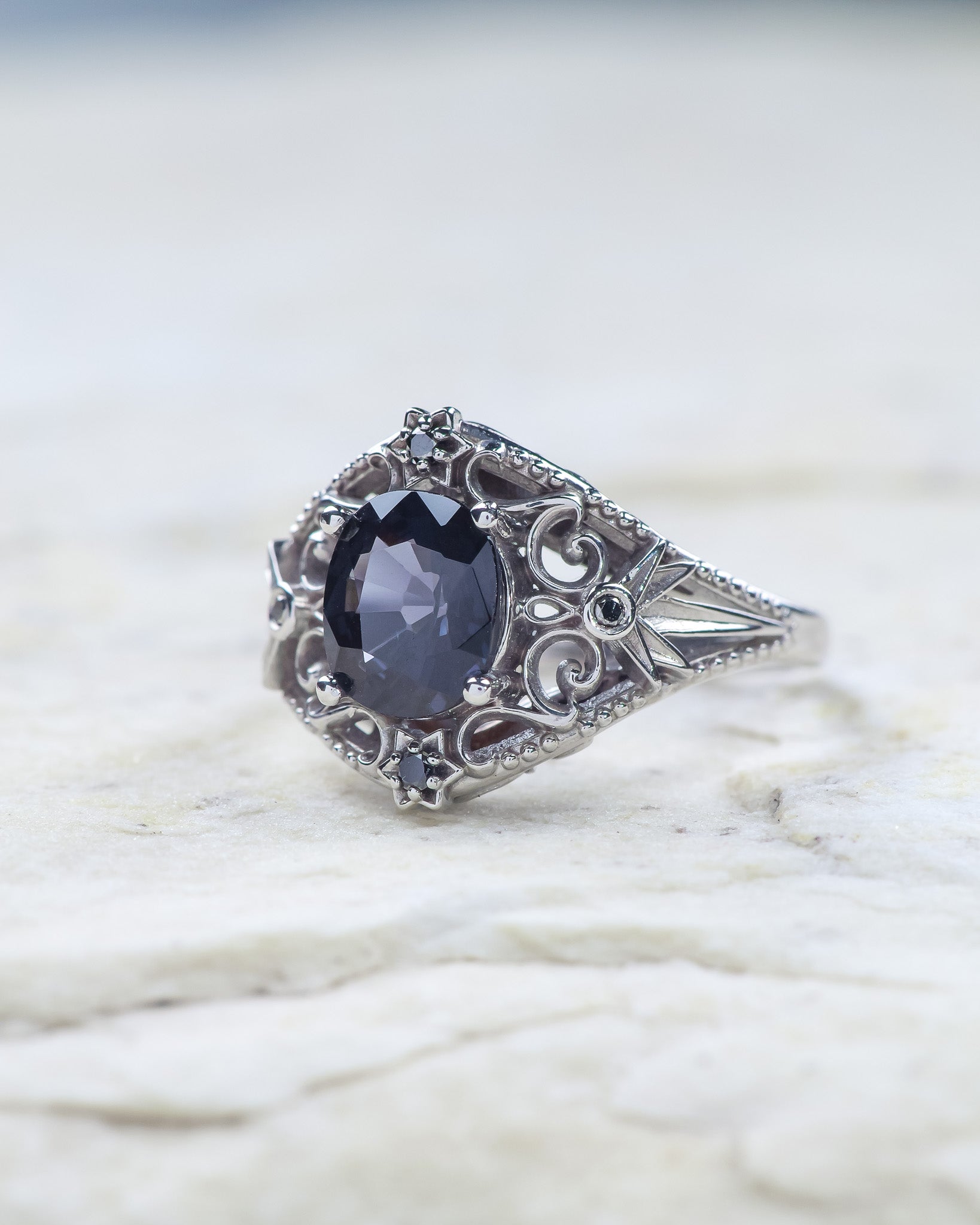 READY TO SHIP: Cosmic engagement ring with grey spinel and black diamonds / Galaxia, RING SIZE 7 US - Eden Garden Jewelry™