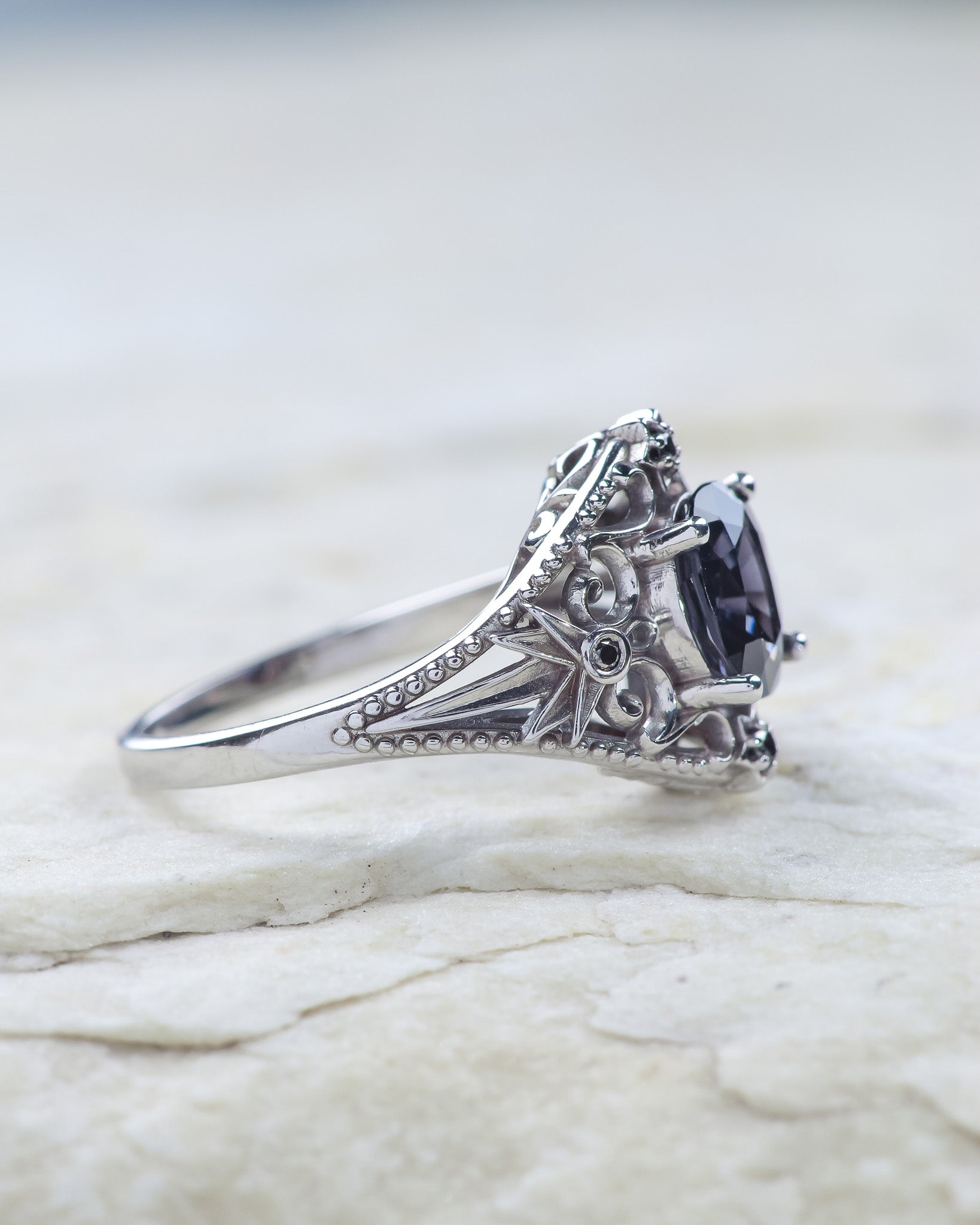 READY TO SHIP: Cosmic engagement ring with grey spinel and black diamonds / Galaxia, RING SIZE 7 US - Eden Garden Jewelry™