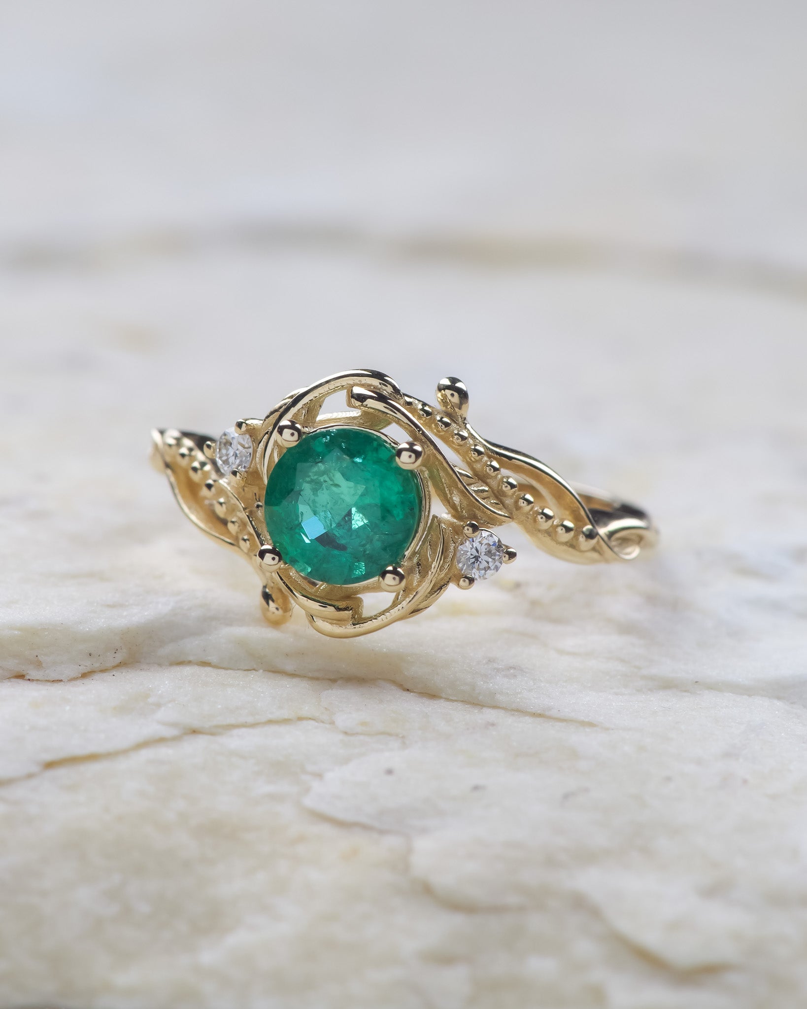 Genuine emerald and diamonds fantasy engagement ring / Undina - Eden Garden Jewelry™
