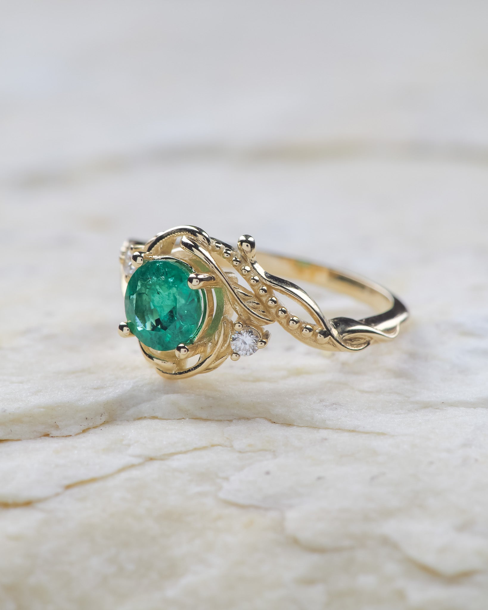 Genuine emerald and diamonds fantasy engagement ring / Undina - Eden Garden Jewelry™