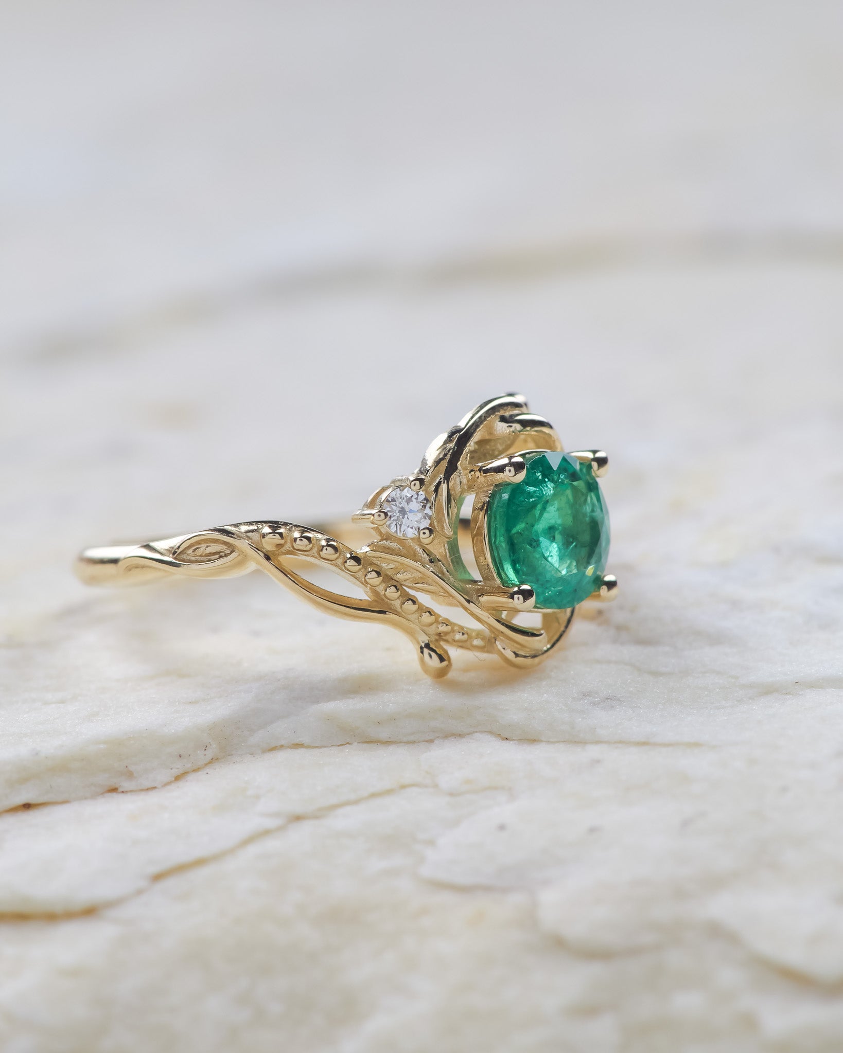 Genuine emerald and diamonds fantasy engagement ring / Undina - Eden Garden Jewelry™