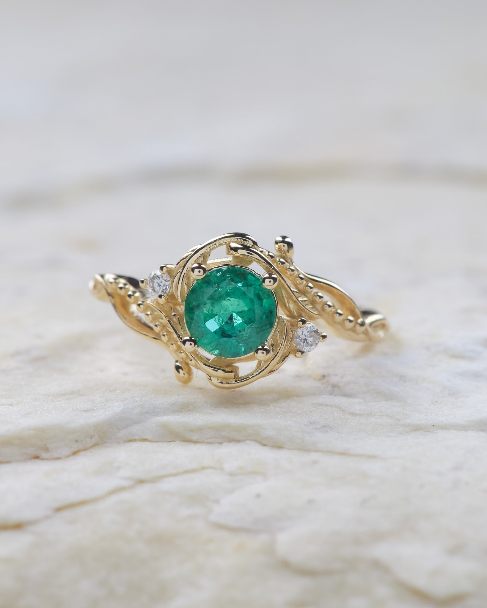 Genuine emerald and diamonds fantasy engagement ring / Undina - Eden Garden Jewelry™