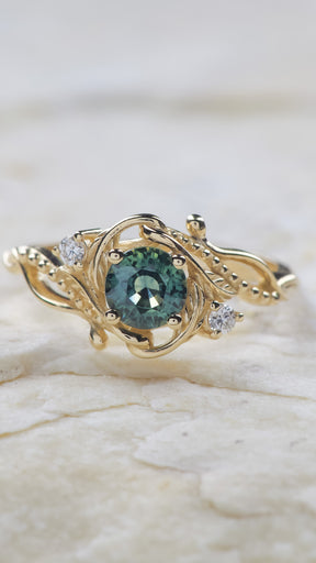 Greenish teal sapphire engagement ring, elvish gold proposal ring / Undina - Eden Garden Jewelry™