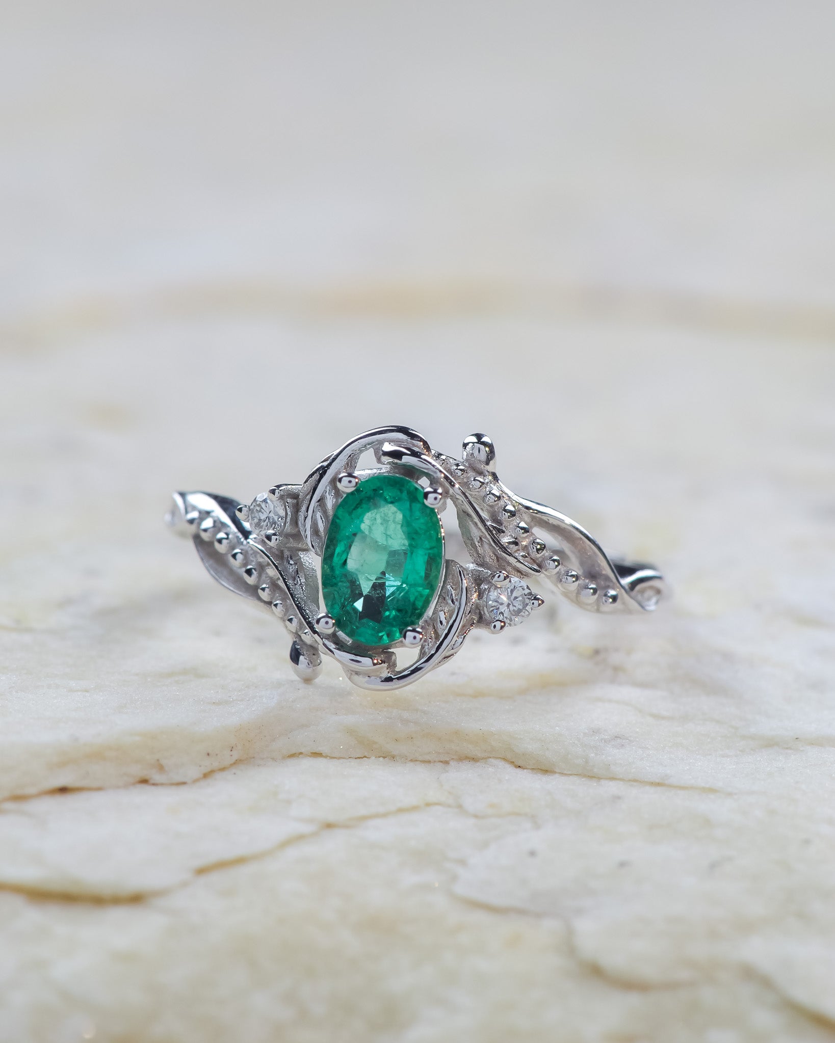 Botanical engagement ring with natural emerald / Undina - Eden Garden Jewelry™