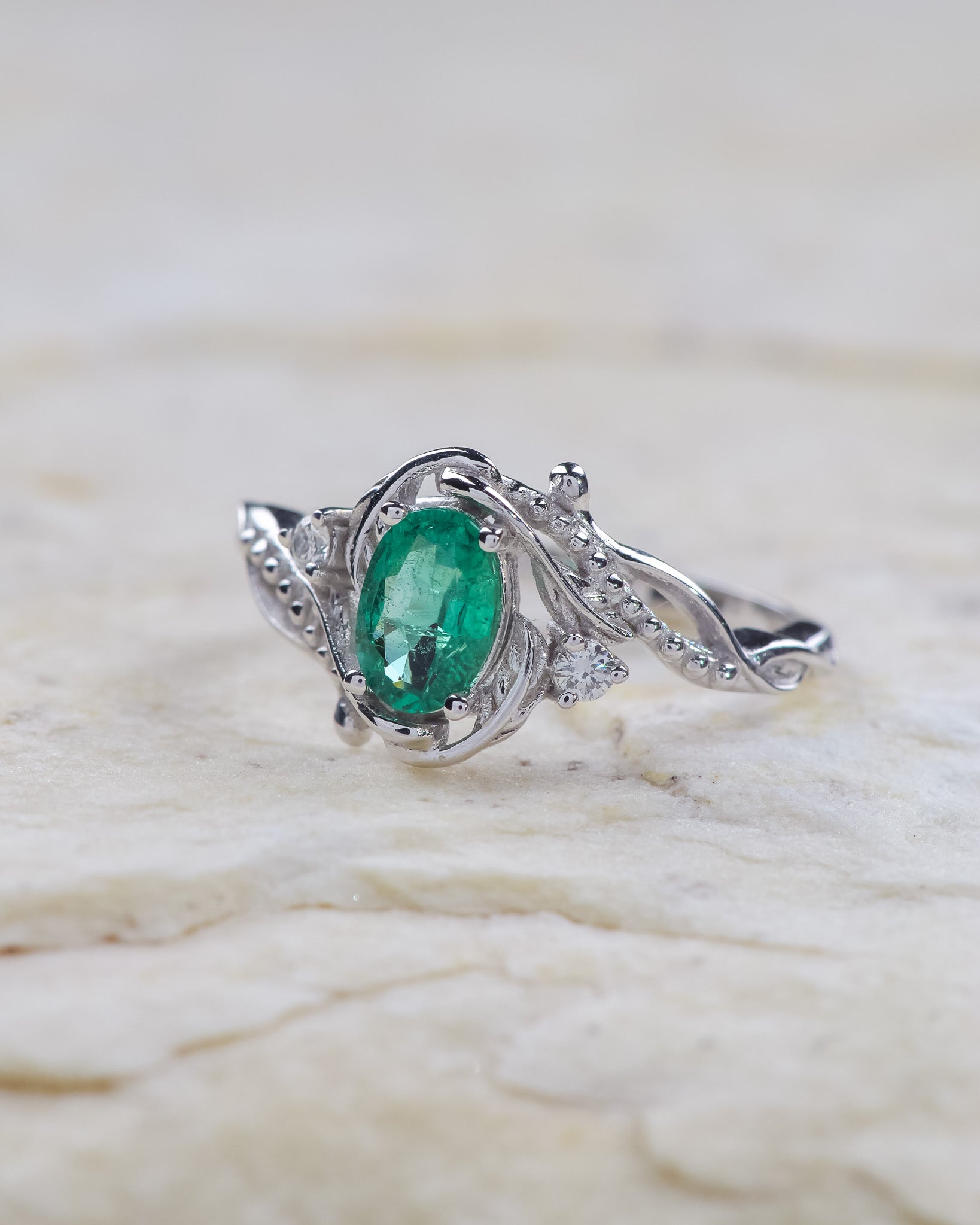 Botanical engagement ring with natural emerald / Undina - Eden Garden Jewelry™