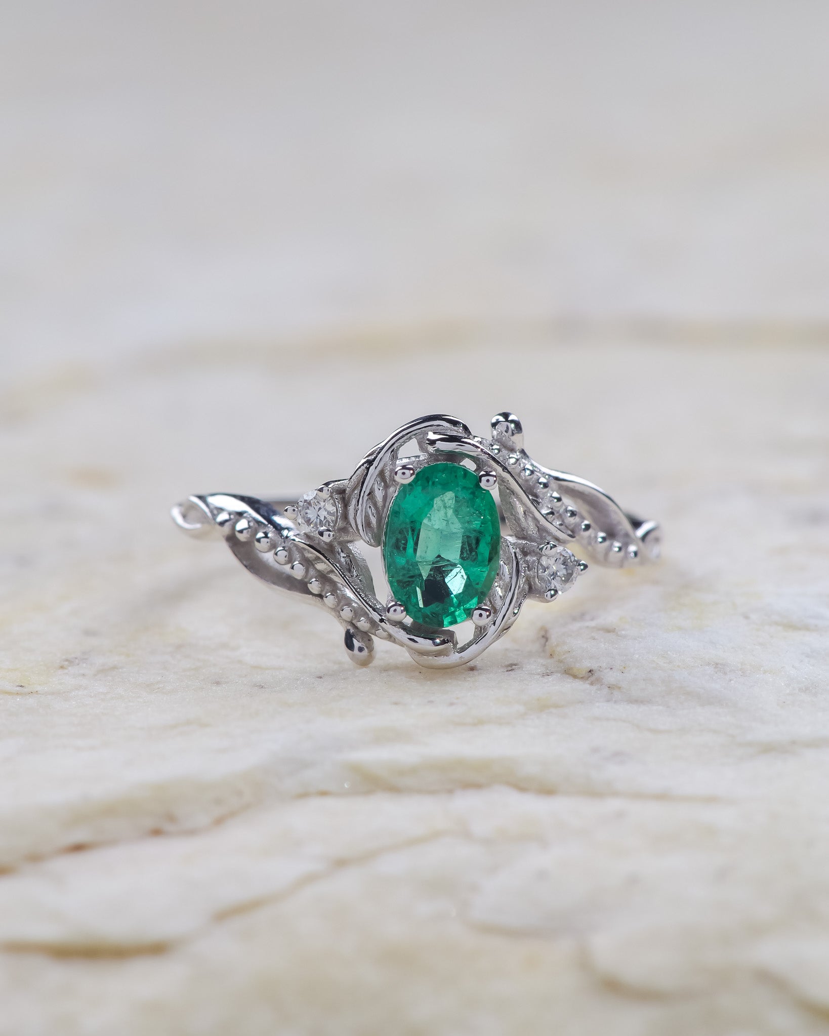 Botanical engagement ring with natural emerald / Undina - Eden Garden Jewelry™