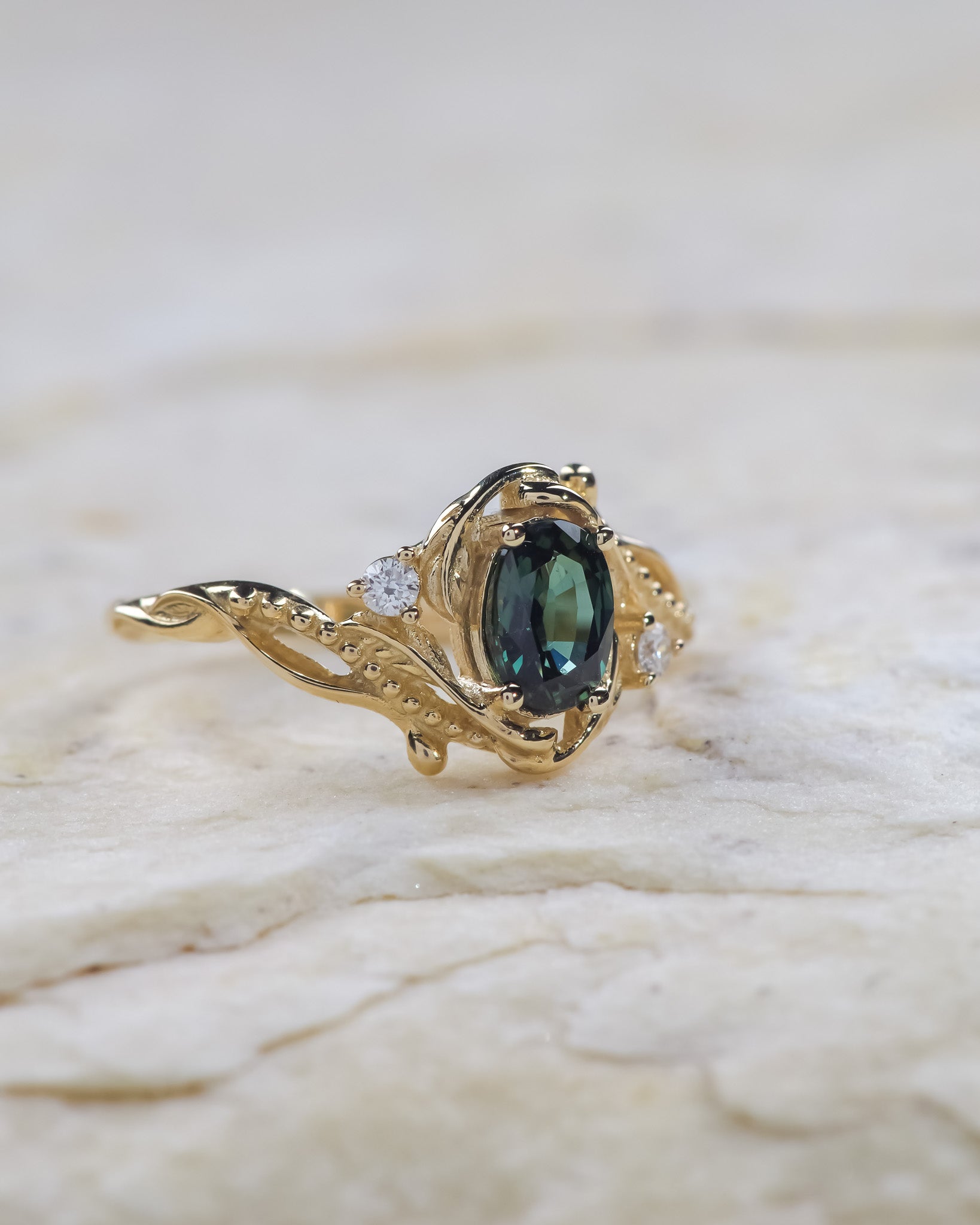 Oval teal sapphire engagement ring with diamonds / Undina - Eden Garden Jewelry™