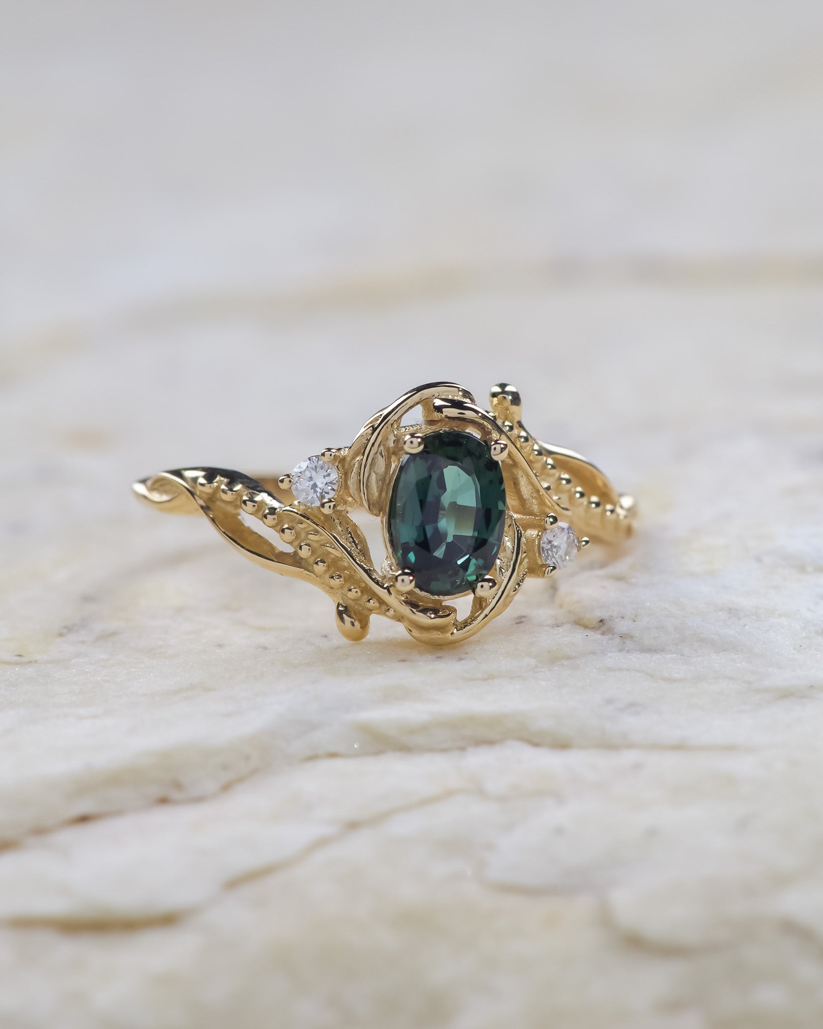 Oval teal sapphire engagement ring with diamonds / Undina - Eden Garden Jewelry™